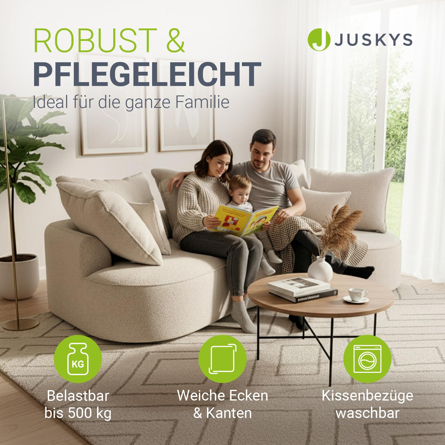 Juskys Sofa Tirano - Bouclé Creme, Ecksofa mit L-Form, mit Rücken- & Dekokissen, 4-Sitzer Eckcouch, Schaumstoff - Ottomane rechts