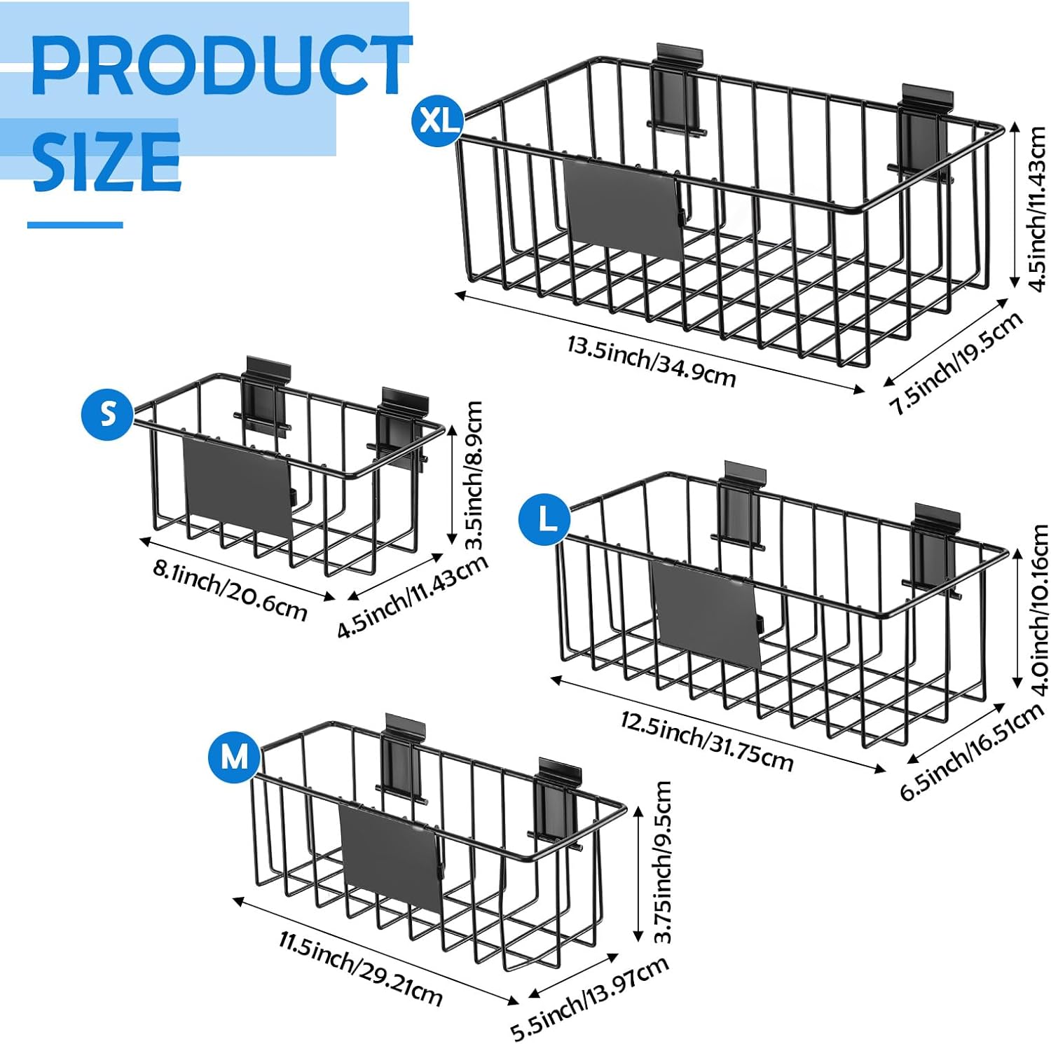 Maxcheck 4 Pcs Black Metal Slatwall Basket with Removable Tags Ventilated Slatwall Baskets Wall Mounted Storage Baskets Hanging Basket Organizer Slatwall Accessories for Shop Room Display Organizing