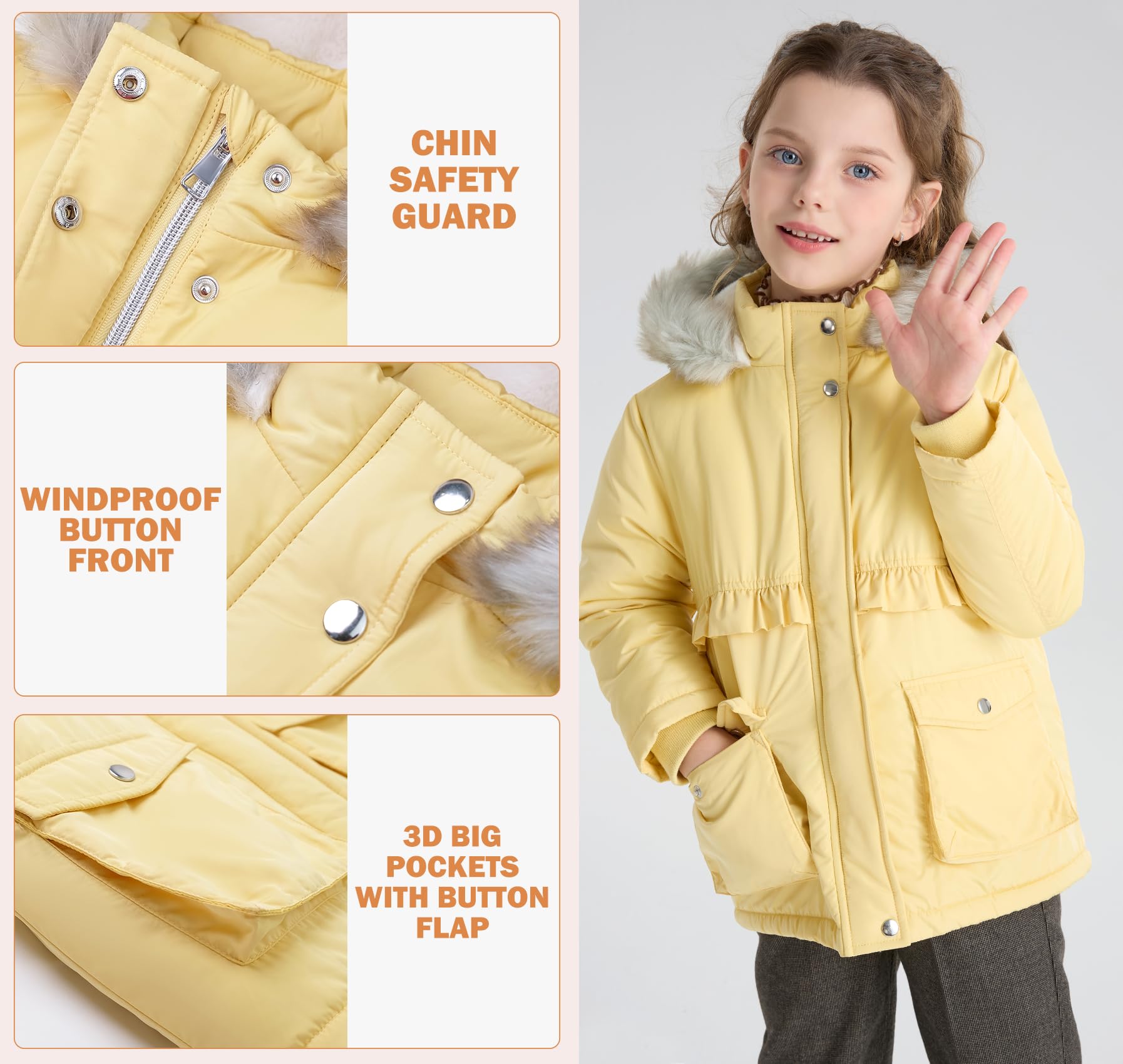 SOLOCOTE Abrigo de invierno para niñas pequeñas Ligero con capucha de piel forro de sherpa puños de canalé Chaqueta resistente al agua para niños