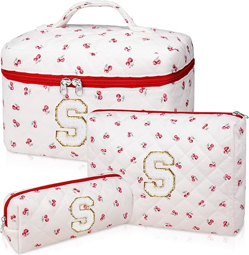 Juego de bolsas de maquillaje con iniciales personalizadas, bolsa de maquillaje acolchada, bolsa grande de cosméticos florales para mujeres, lindas