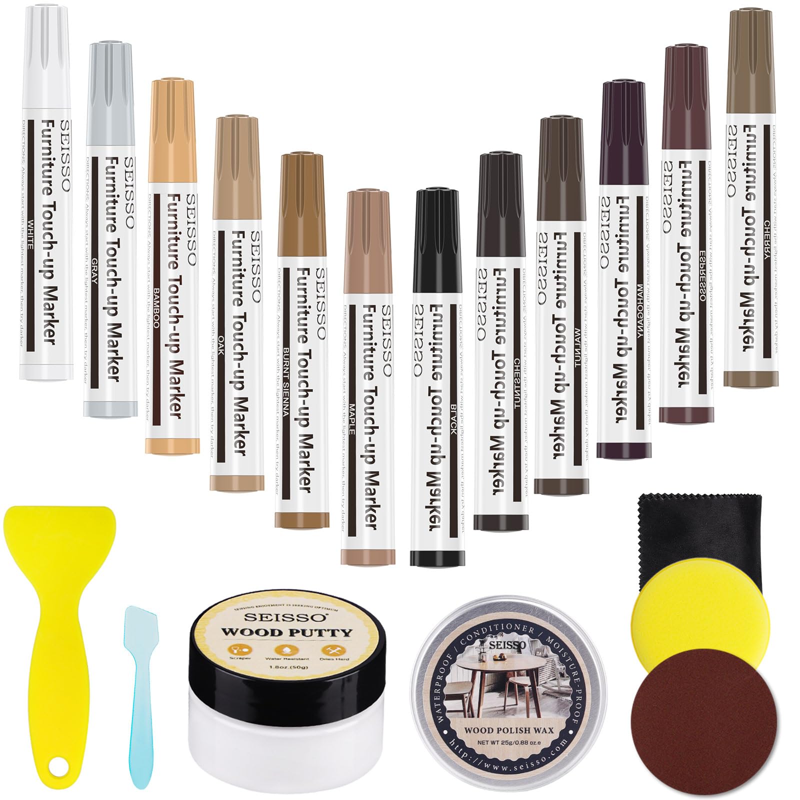 Wood Furniture Repair Kit, 12-Colour Restoration Pen, with Wood Putty Wood Wax Oil to Repair Scratch, Cracks, Hole, Wooden Door, Floor, Table, Cabinet