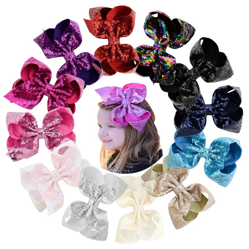 8" Large Sequins Hair Bows 12PCS Glitter Sparkly Boutique Alligator Clips for Girls Toddlers Teens Women