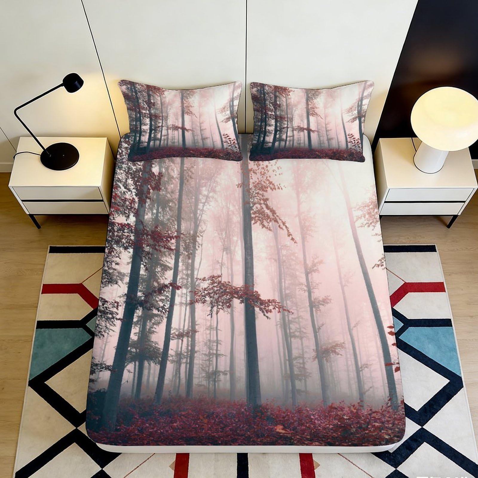 Decorative forest scene Fitted Sheet 3D Printed soft touch Microfiber wrinkle resistant guest room bedding, easy care home decor 180x200x25cm