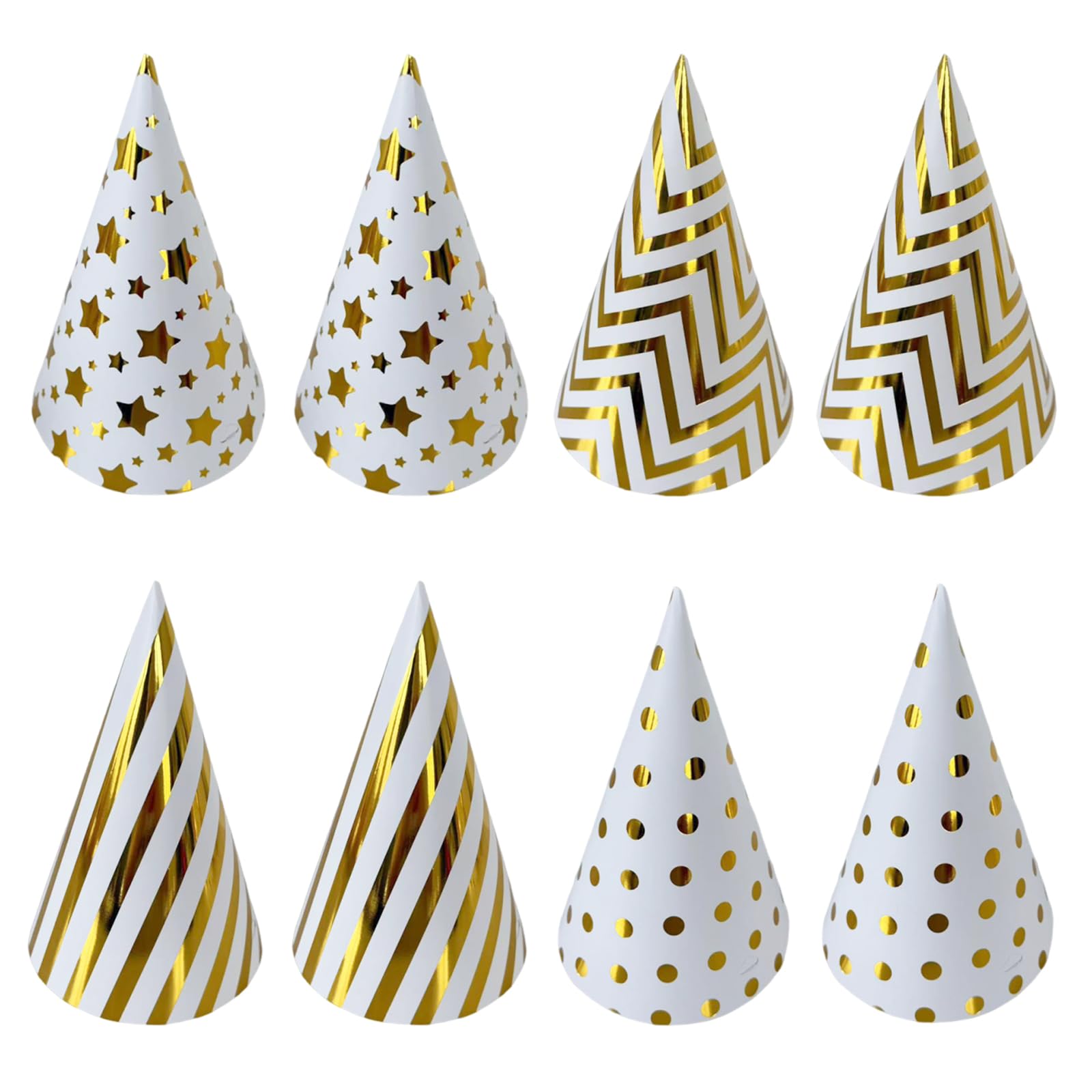 Hedayu 8 Pcs Party Hats for Adults, 4 Pattern Birthday Cone Hat, White & Gold Party Hats for Boys, Party Decorations for Fun Activity Celebrations Birthday Accessories Gifts Photo Prop