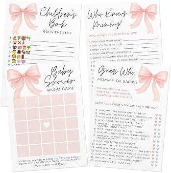 Printed Party Baby Shower Games for Girl Pink Bow Design, Set of 4 Fun Activities for 30 Guests, Includes Double-sided Bingo, Icon Guessing Game, Who Knows Mommy Cards, and Mommy or Daddy Guess Who