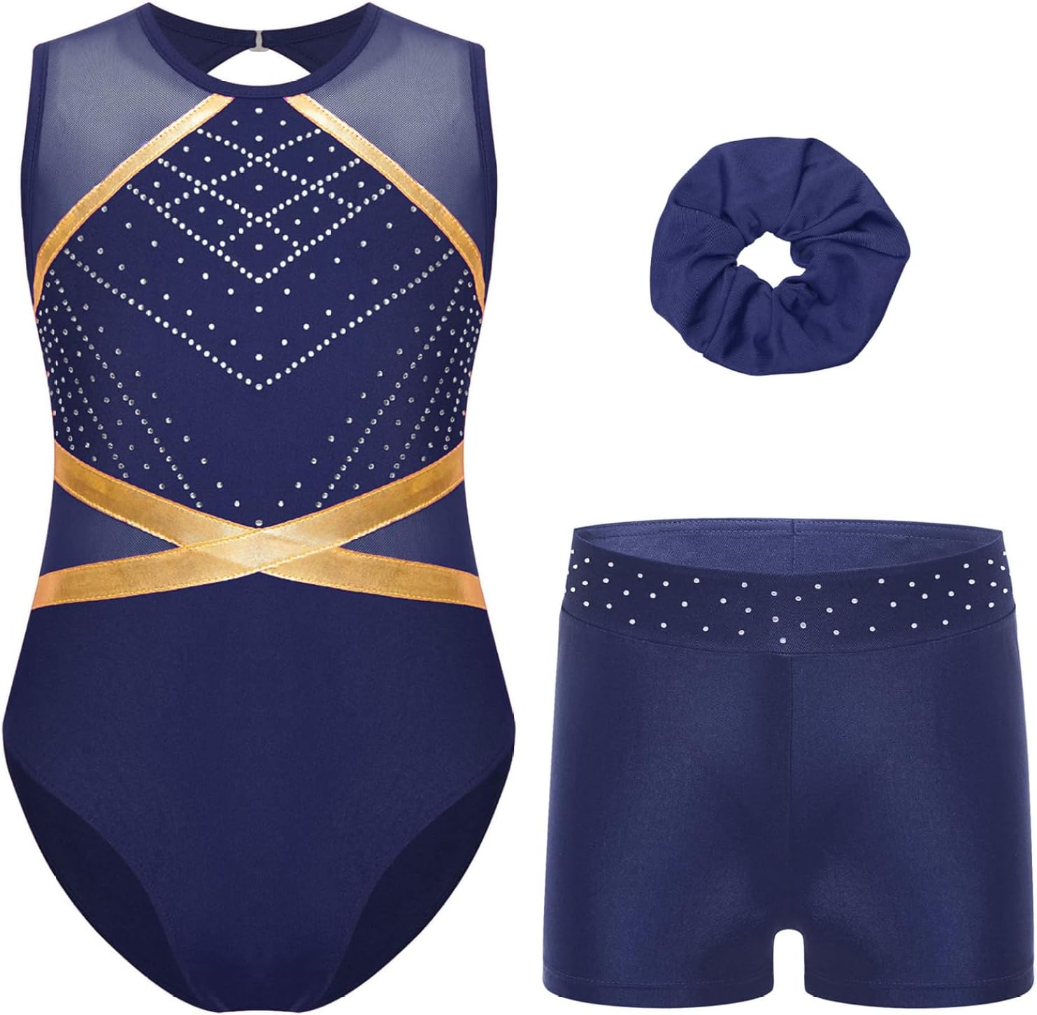 Kids Girls Gymnastics Outfit Patchwork Sleeveless Ballet Dance Leotard Unitard with Shorts and Hairband