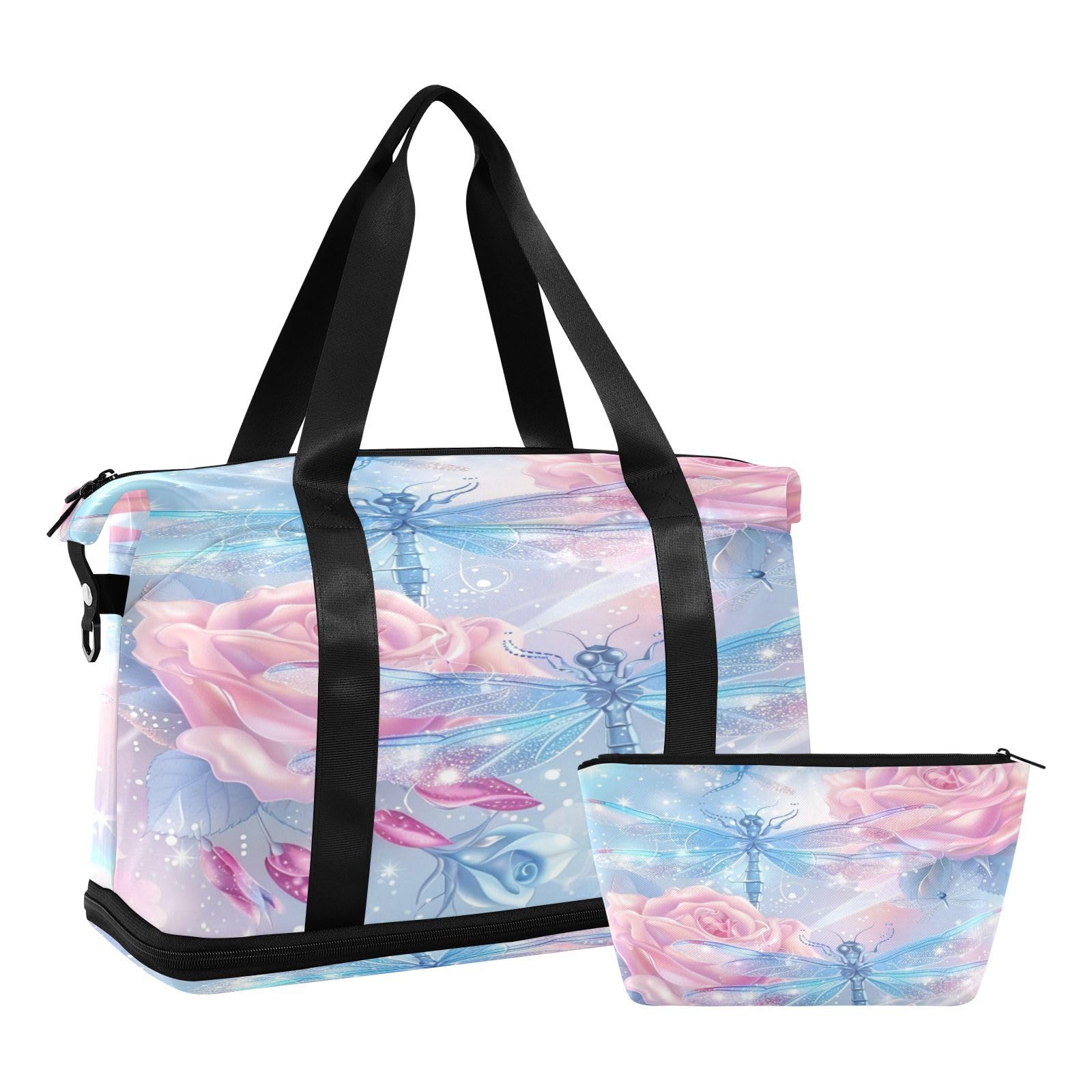 senya Dragonfly Weekender Bag for Women, Dragonflies Pink Blue Roses Gym Bag Sports Duffle Bag Travel Tote Bag with Toiletry Bag Shoes Compartment Dry