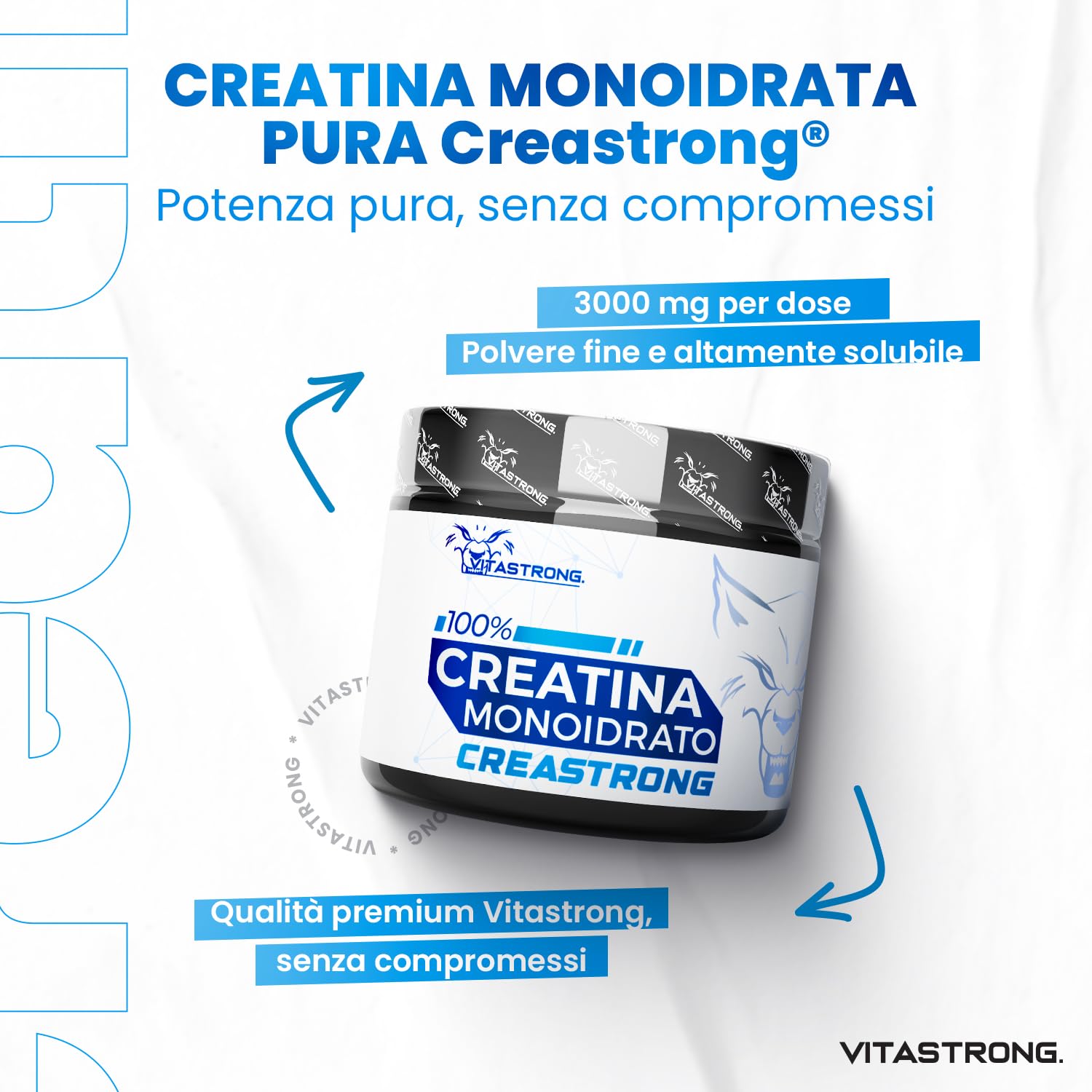 Creatina Monoidrata 3000mg CreaStrong Vegan Pura, Creatina in Polvere Senza Additivi, Pre, Intra, Post Workout, Alternativa a Creatina Capsule e Compresse (250 g (Confezione da 1), Creastrong)