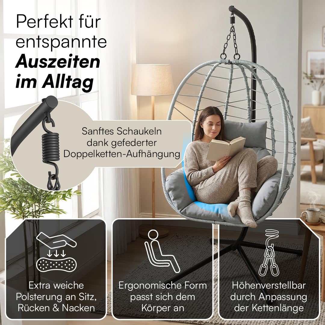 STEELSØN Alarian Hängesessel mit Gestell – Hängestuhl Rattan Outdoor & Indoor mit Kissen – Hängekorb Grau höhenverstellbar – Gartenschaukel für Erwachsene & Kinder – Hanging Chair faltbar bis 150kg