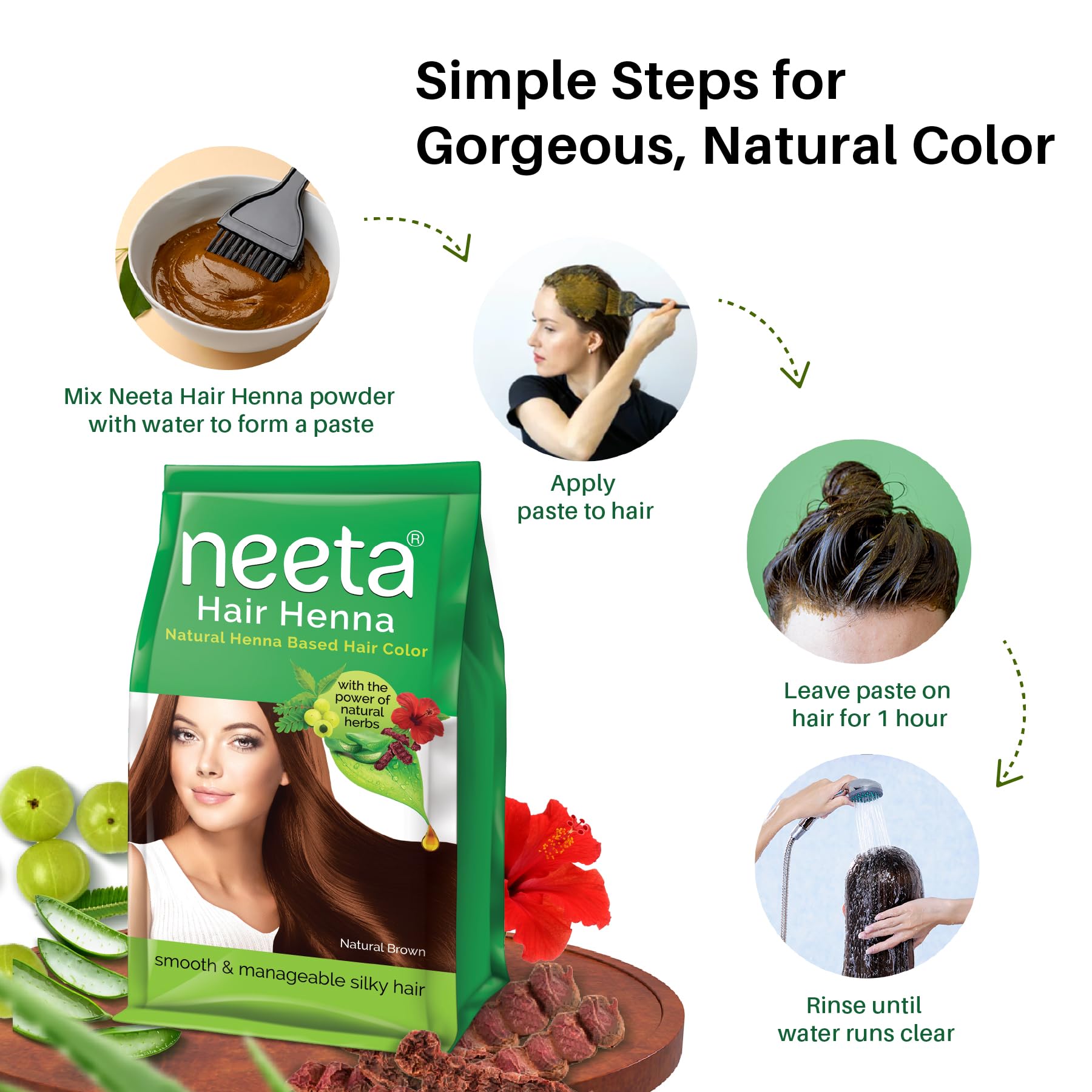 Neeta Hair Henna Natural Henna-Based Hair Color with Herbal Ingredients for Smooth & Silky Hair, Natural Brown Shade, 125g Each (Pack of 4) 3