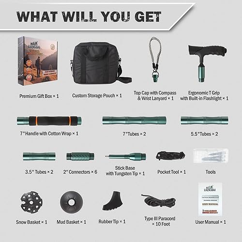 Miniatura 8 de Bastón táctico, bastón de senderismo de supervivencia, equipo táctico ligero, bastón de senderismo de aluminio para aventuras al aire libre, regalos