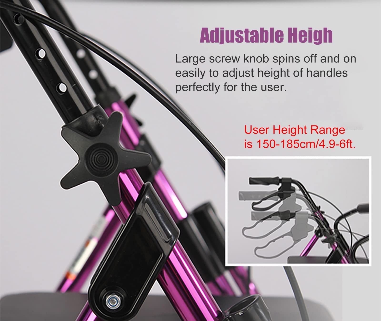 Andador Plegable con Ruedas, Altura Ajustable (150-185 cm), Capacidad de 100 kg, Cesta de Almacenamiento con Asiento, Frenos, Ruedas de 4 Pulgadas, Color Morado.