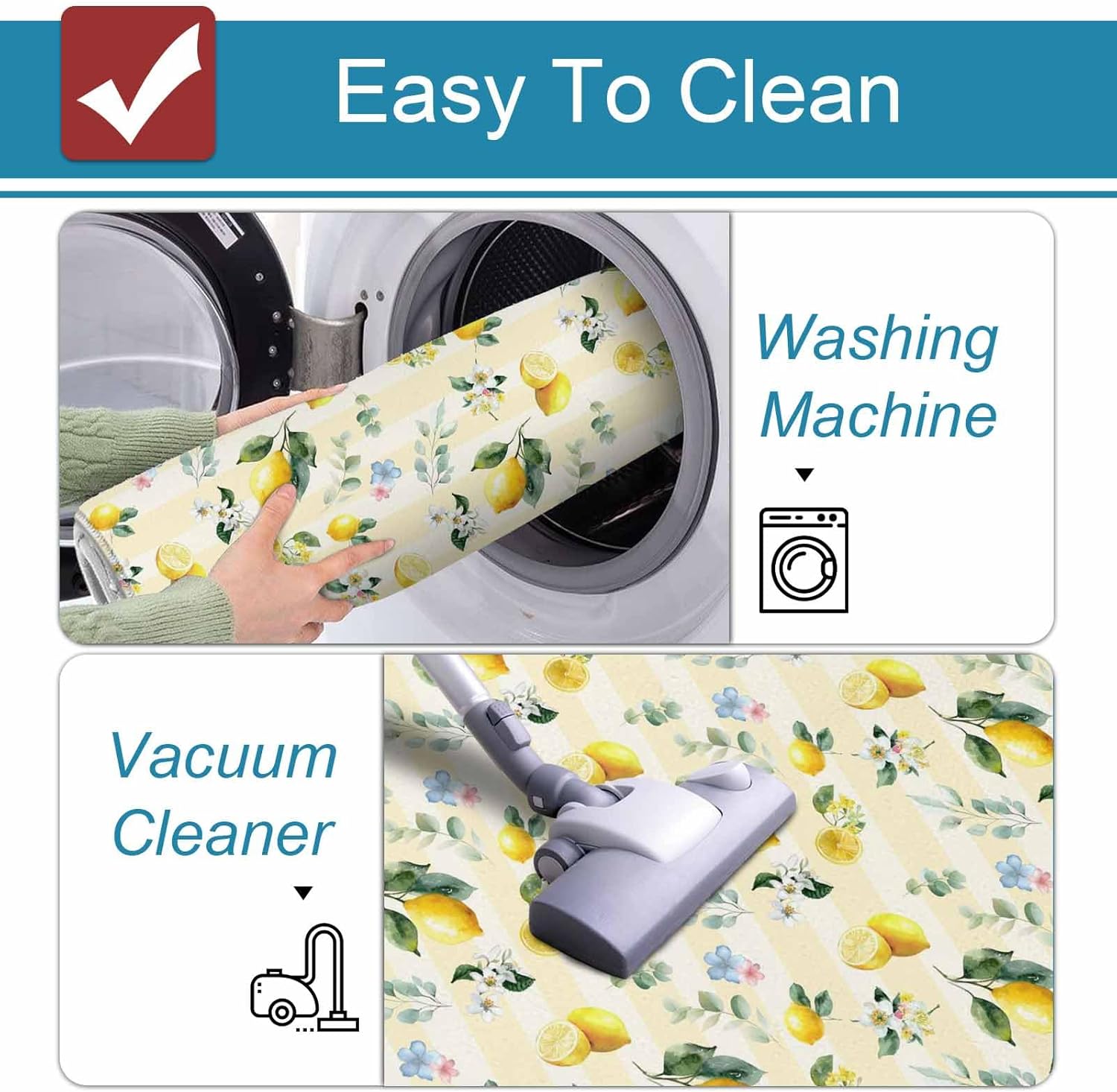 Yellow Lemon Kitchen Mat Set 2 Pieces Country Watercolor White Blue Flowers Leaf Yellow Stripe Non Slip Kitchen Rugs Washable Runner Rug Mats for Sink Laundry (19.7" x 31.5"+19.7" x 47.2")