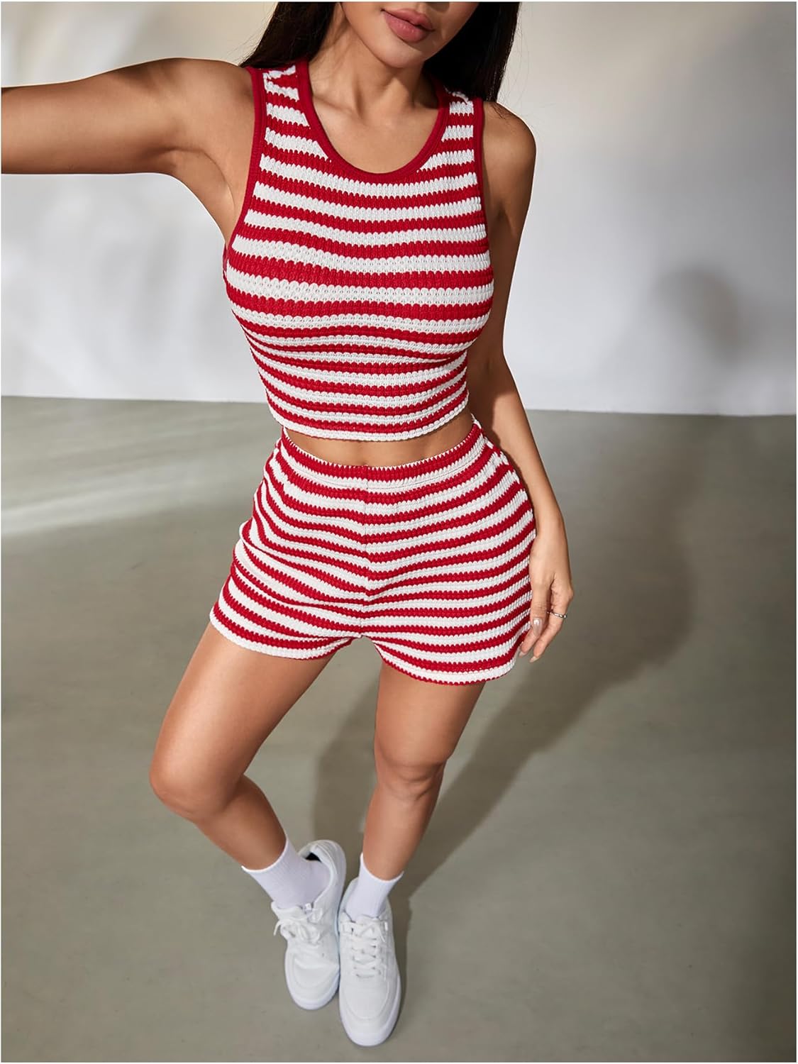 MakeMeChic Women's Two Piece Striped Outfits Crew Neck Crop Tank Tops and Shorts Set - Image 4