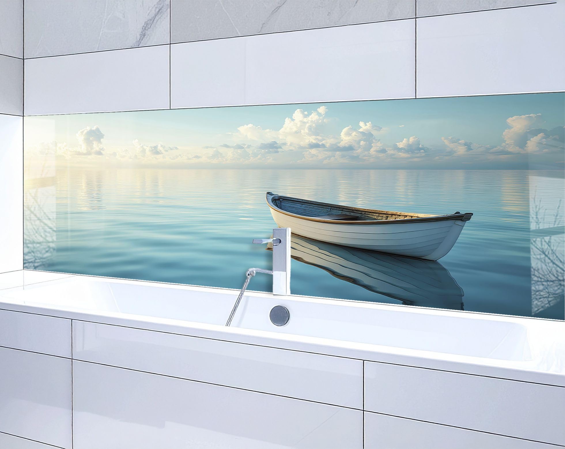 timalo Waschbecken und Badewannenrückwand 60 x 40 cm - aus Acrylglas | Ruderboot, Boot, Meer, See, Sonnenaufgang | Wandpaneele Bad Badrückwand Platte Badewanne Rückwand Badezimmer Glasoptik