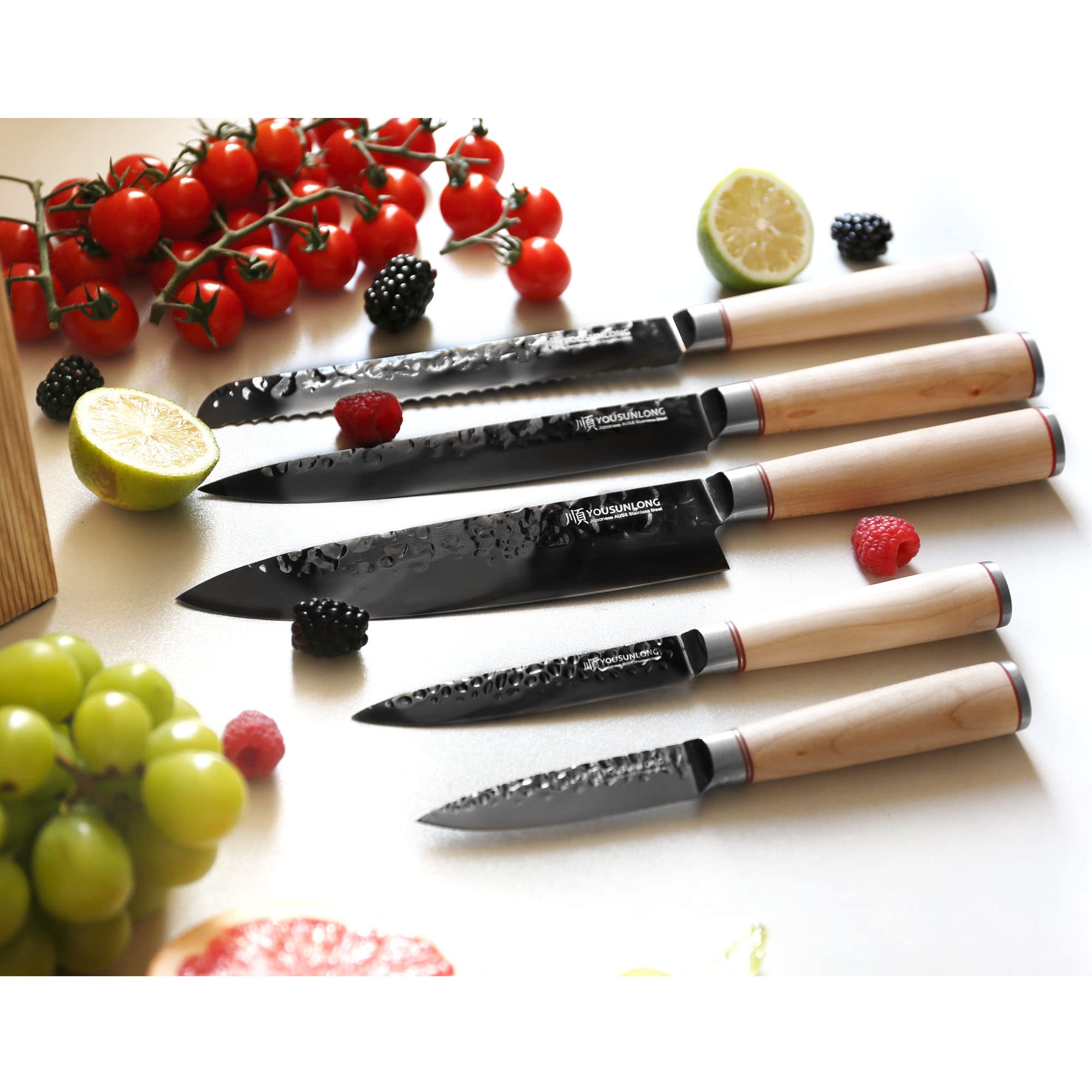 YOUSUNLONG Juego de cuchillos de cocina - 5 piezas - Acero de titanio negro AUS8 japonés - Bloque de cuchillos de madera natural Fraxinus Americana - Mango de arce canadiense