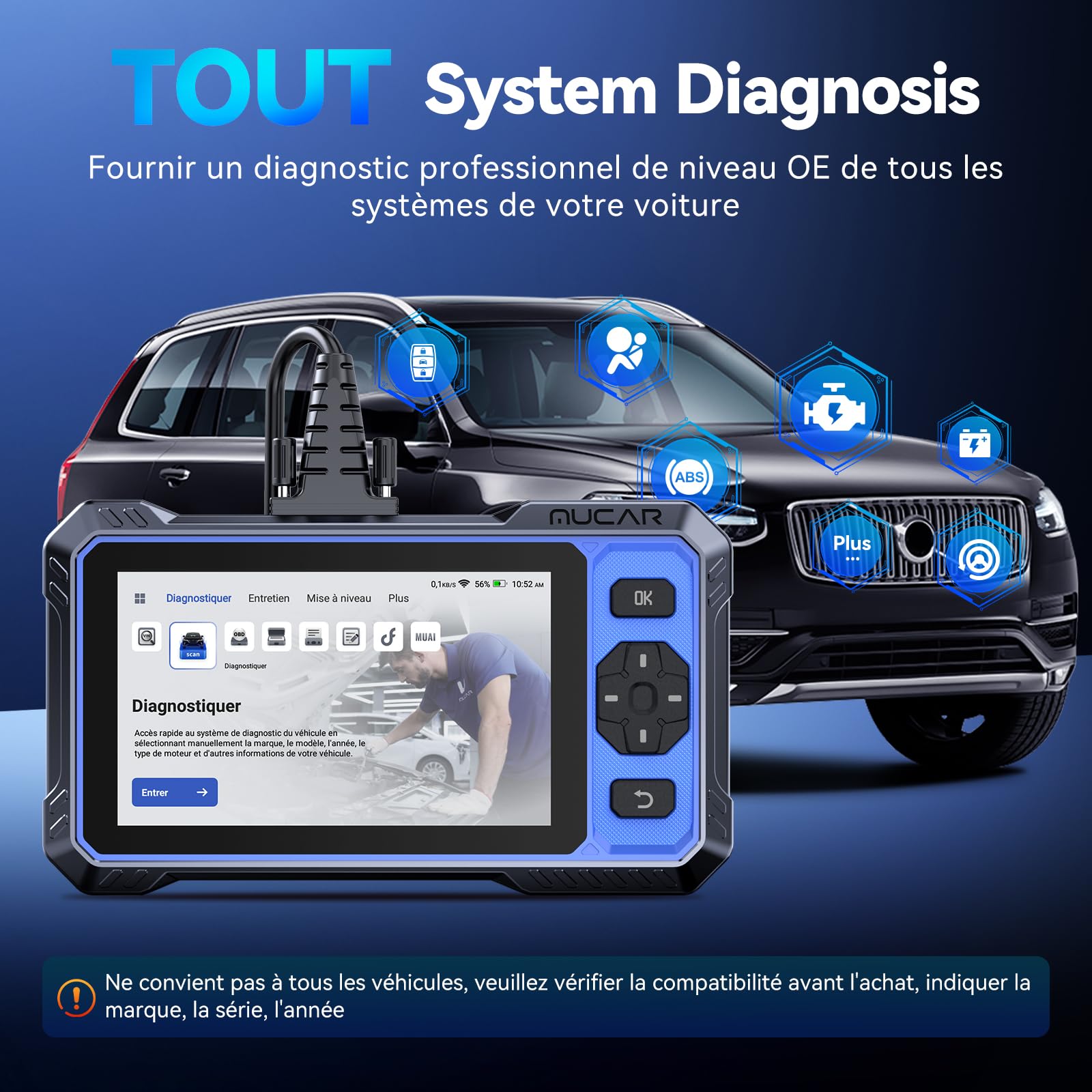 MUCAR 682 Diagnostic Intelligent par IA Valise Diagnostic Auto, Diagnostic Complet du Système, Tests Actifs Bidirectionnels, 20 Réinitialisations, Guide V.A.G, FCA AutoAuth, CANFD (MUCAR 682-FR)