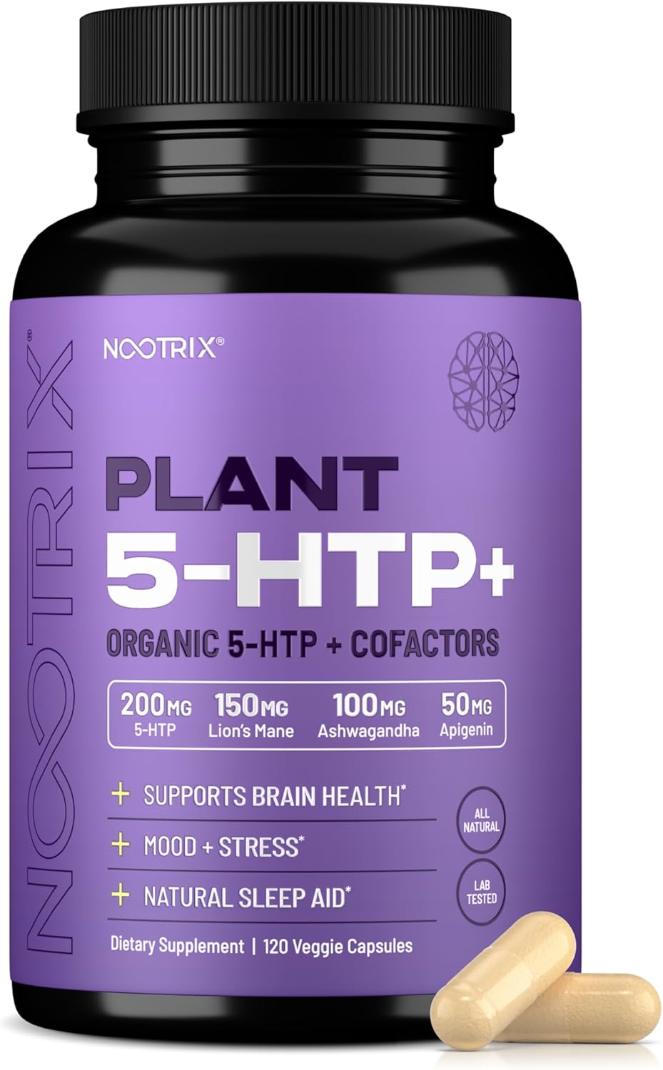 Nootrix Organic Plant 5 HTP+ Supplement | Supports Memory, Mental Focus, Cognitive Health & Energy | Promotes Healthy Mood & Brain Function | Vitamin B6 & L Theanine | 120 Capsules