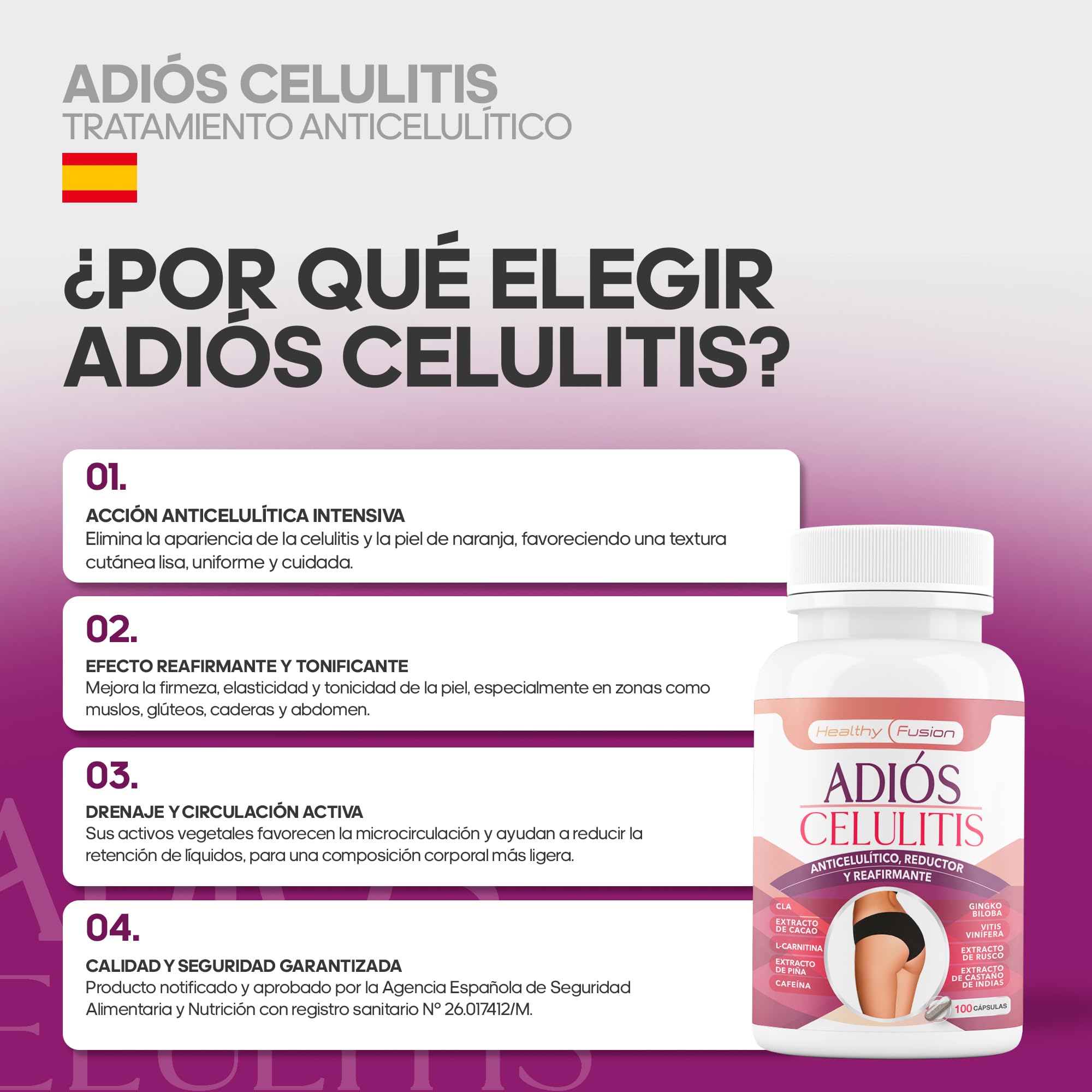 Adiós Celulitis Healthy Fusion | Anticelulítico Reductor Potente con L-Carnitina, Castaño de Indias, CLA, Cafeína, Cacao | Elimina celulitis y piel de naranja | Reafirma y tonifica la piel | 100 Caps