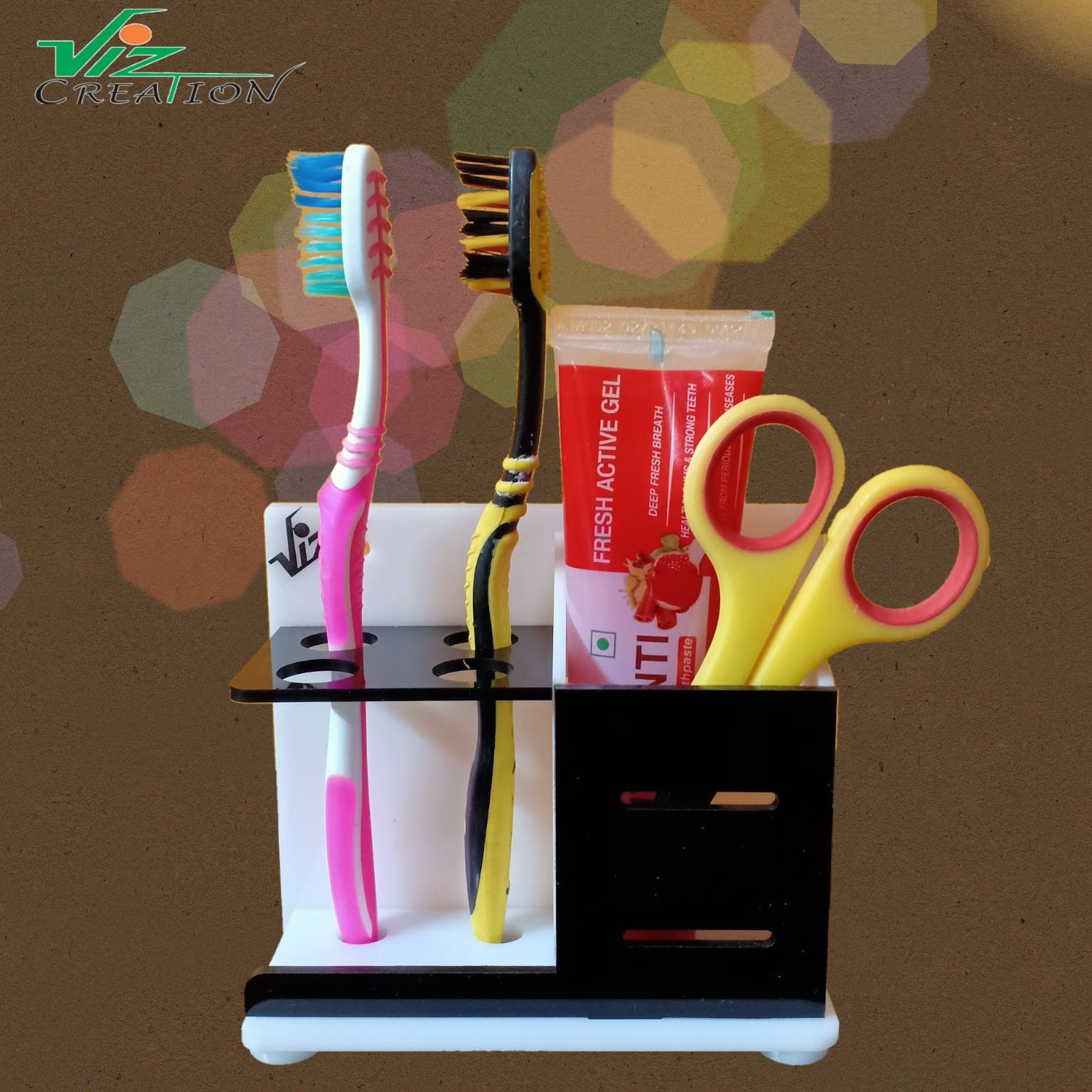 Viz Creation Beautiful Bathroom Acrylic Toothbrush / Toothpaste Holder with Wall Mounted & Counter top Unique Design with Original 3m Tape