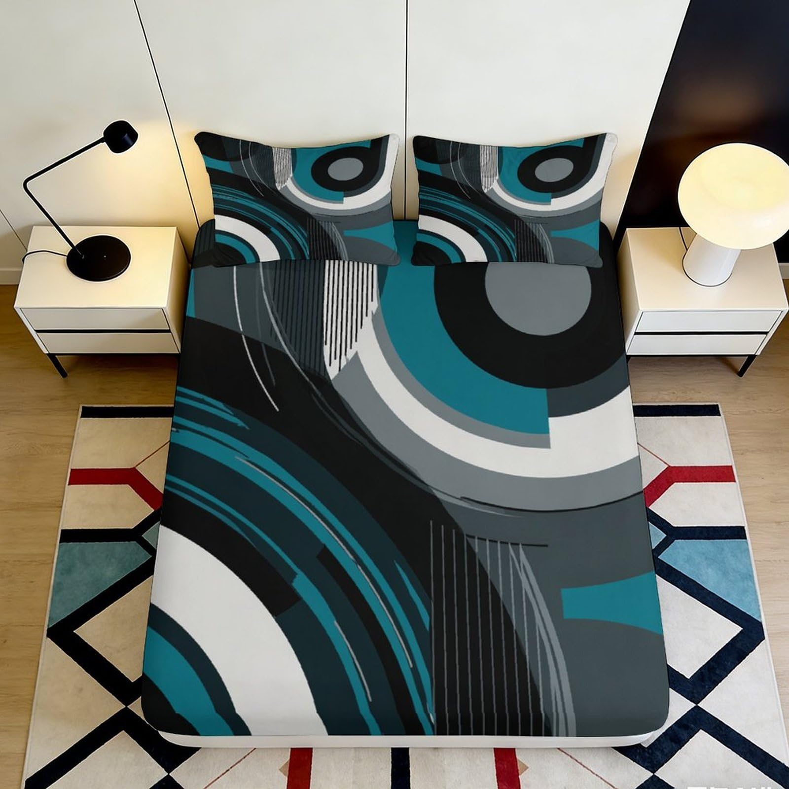 3D Printed Geometric Circles Fitted Sheet Microfiber Modern Abstract Mattress Cover for Bedroom Dorm Decor 120x200cm 200x200x25cm
