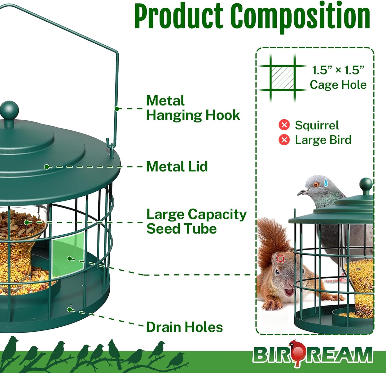 Squirrel Proof Bird Feeder, Metal Cage Bird Feeder for Outdoors Hanging, Starling Resistant Design for Small Birds, Weatherproof with Drain Holes, Easy to Refill, Green