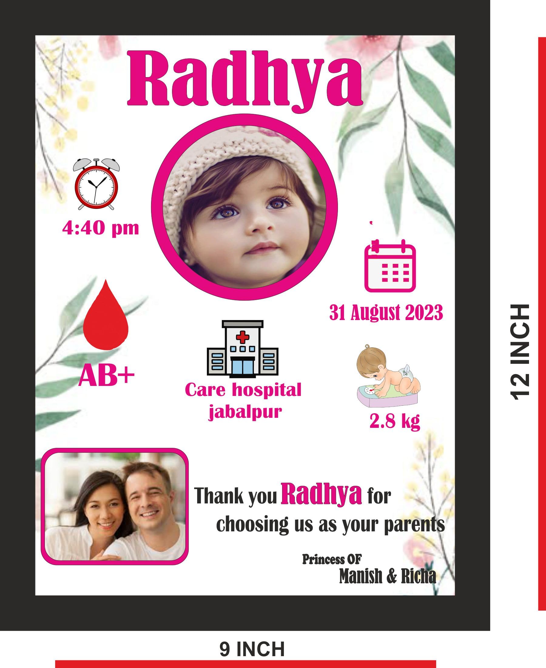 Jwalpa Creation Customizable Baby Birth Frame | Personalized Baby Details Photo Frame with Name, Date, Time, Weight & Height | Newborn Keepsake Wall Decor for Nursery & Parents 9x12 inch (white 01) 1