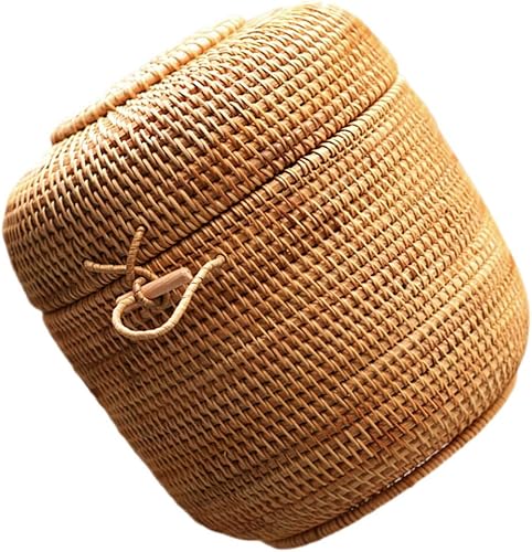 DOITOOL Cesta de almacenamiento de ratán con tapa, cesta redonda con tapa, cestas tejidas pequeñas decorativas para organizar el almacenamiento del