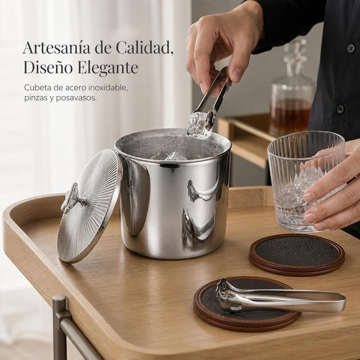 Homyl Hielera Inoxidable 304 con Tapa, Aislamiento Doble Pared, para Restaurantes, Estilo nórdico, Cubo de Hielo de Doble Capa con Tapa y Pinzas