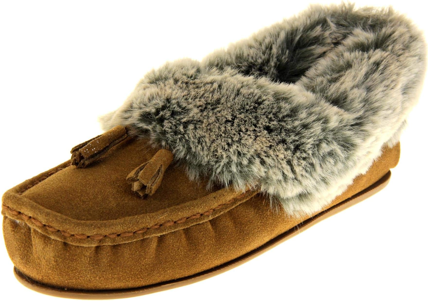 DUNLOPWomens Loafers Maddison Fluffy Faux Fur Lined Suede Leather Slippers - Size 3 4 5 6 7 8 UK - In presentation box - Perfect Christmas gifts for women - Luxury Rubber Outdoor Sole Ladies Slippers
