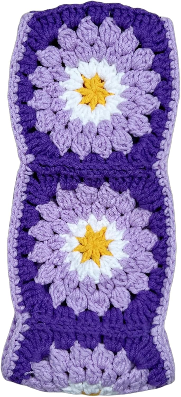 Handmade Crochet Purple Daisy Granny Square Car Steering Wheel Covers Universal 14-15 inch for Women and Men (Steer Wheel Cover+ 2 Belt Cover+2 Coaster)