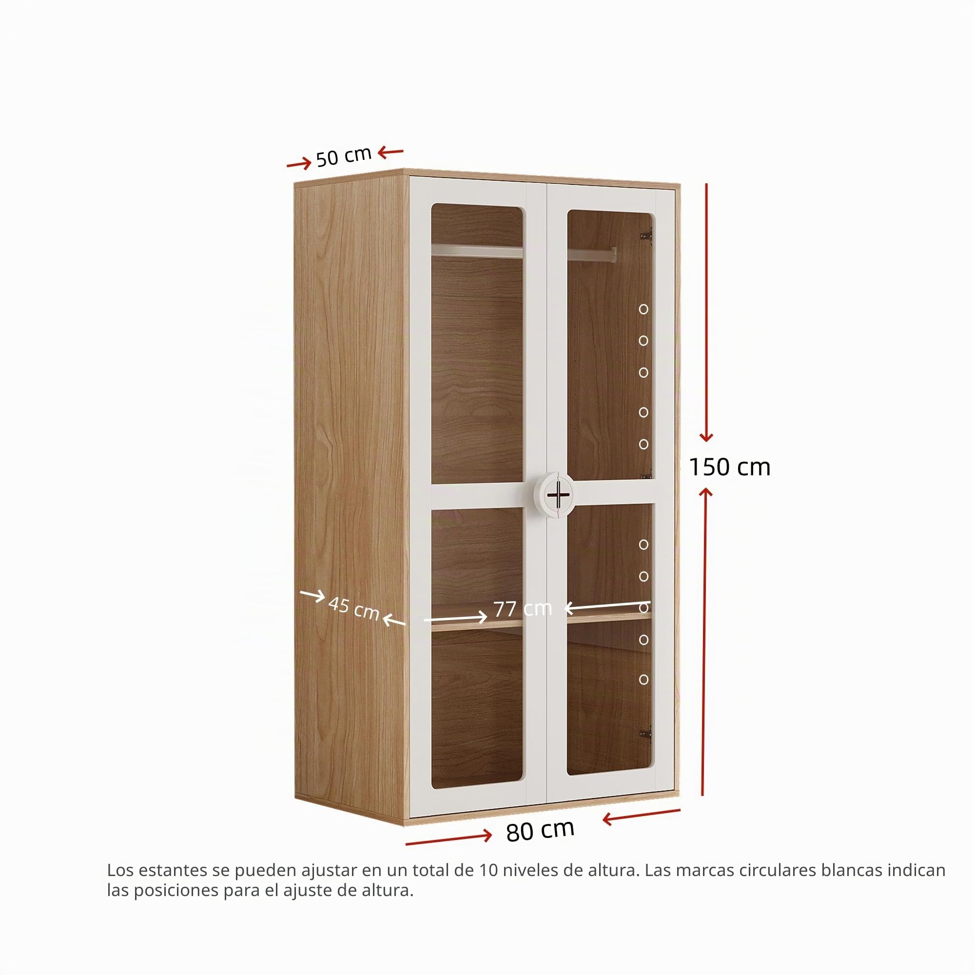 REXO Armario infantil de 80 × 50 × 150 cm, armario de puerta de cristal de dos puertas con barra para colgar y estantes deslizantes, asas de madera en forma de galleta, color blanco + madera natural