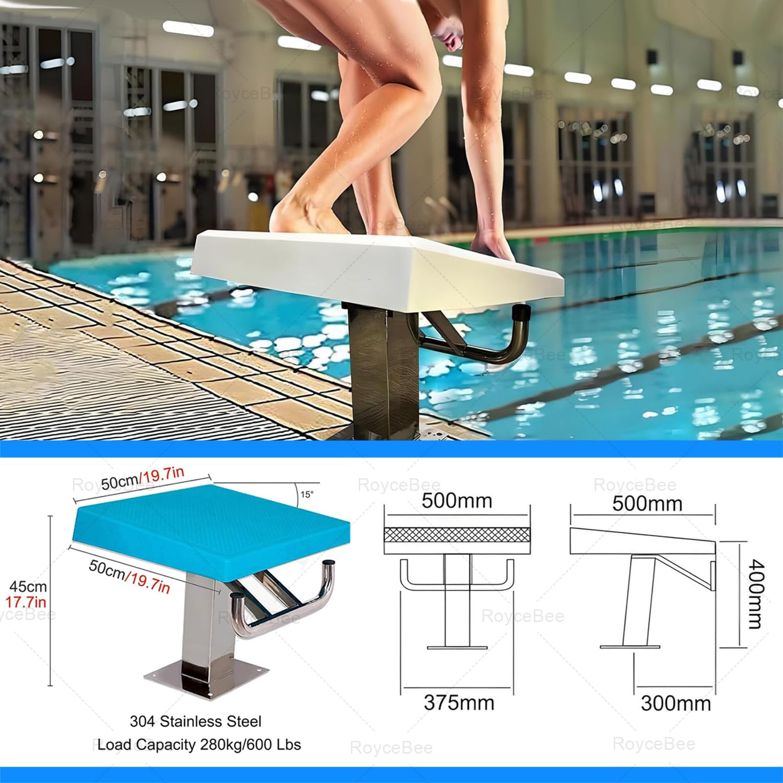 Piattaforma di Plongée per Piscina, Trampolino con Base in Acciaio Inossidabile e Superficie Antiscivolo, Inclinazione 15°, Portata 200kg, Adatto per Gare