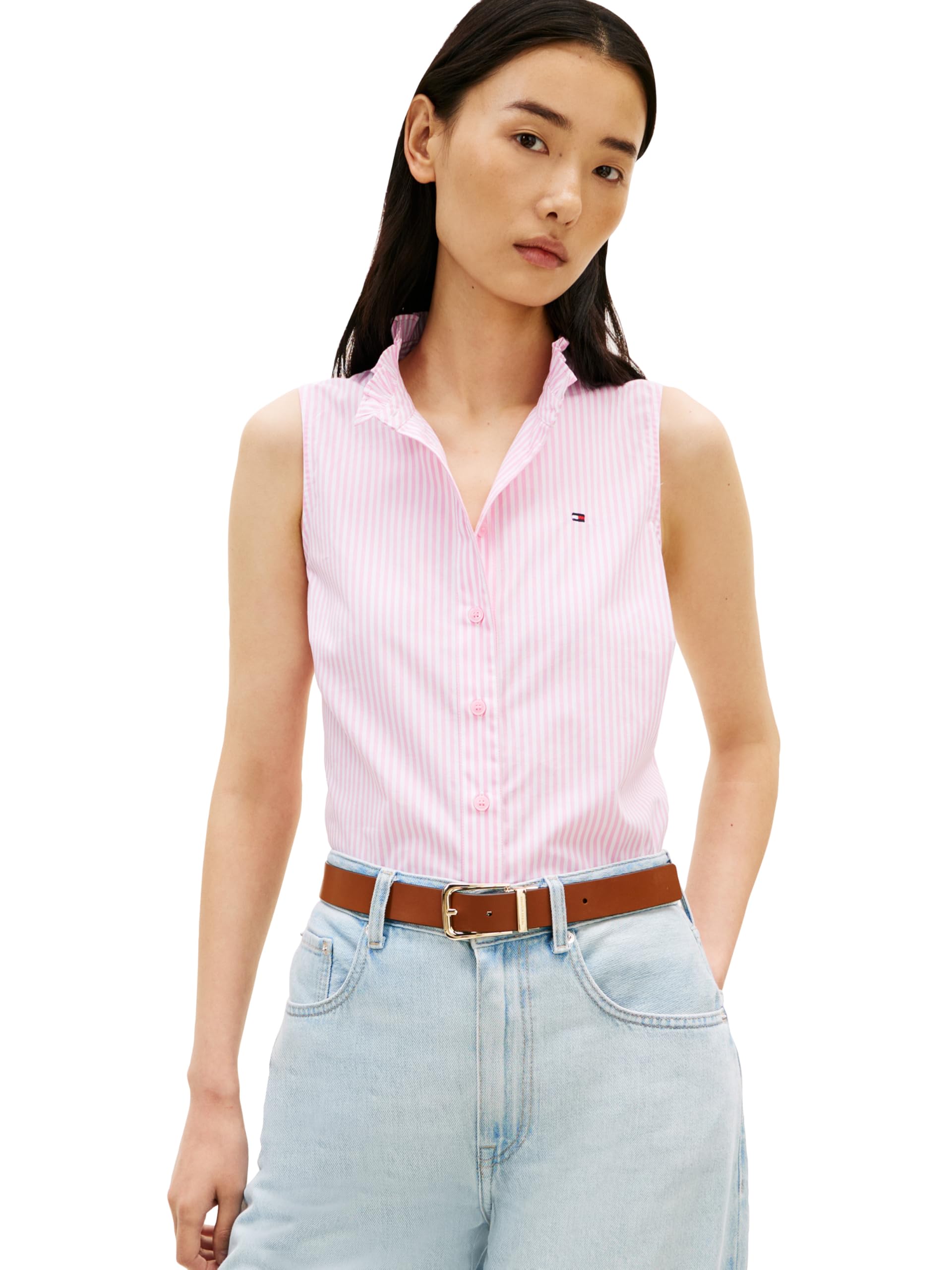 Women's Sleeveless Cotton Button Down Shirt with Collar Detail
