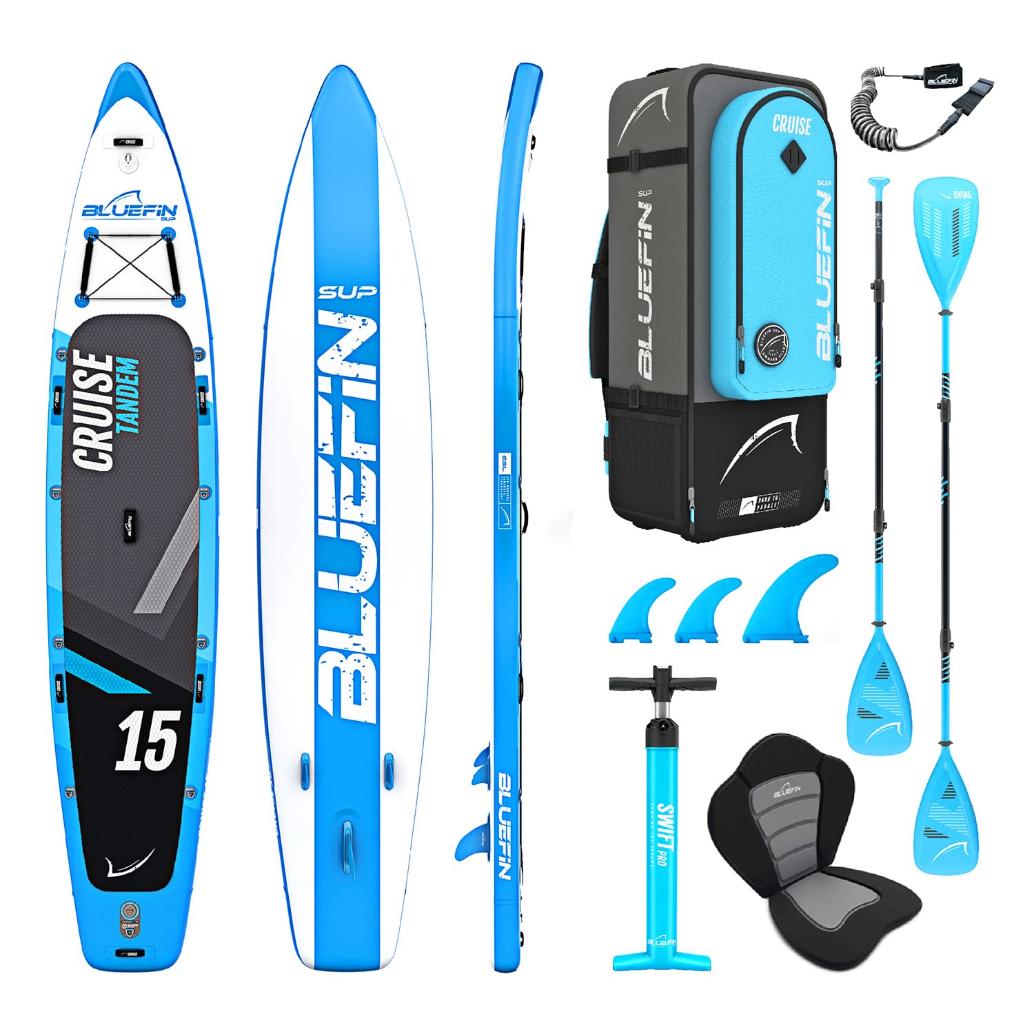 Bluefin Cruise SUP Pack | Inflatable Stand Up Paddle Board | Fiberglass Paddle | Kayak Conversion Kit | All Accessories | Multiple Sizes: 10'8, 12', 15'