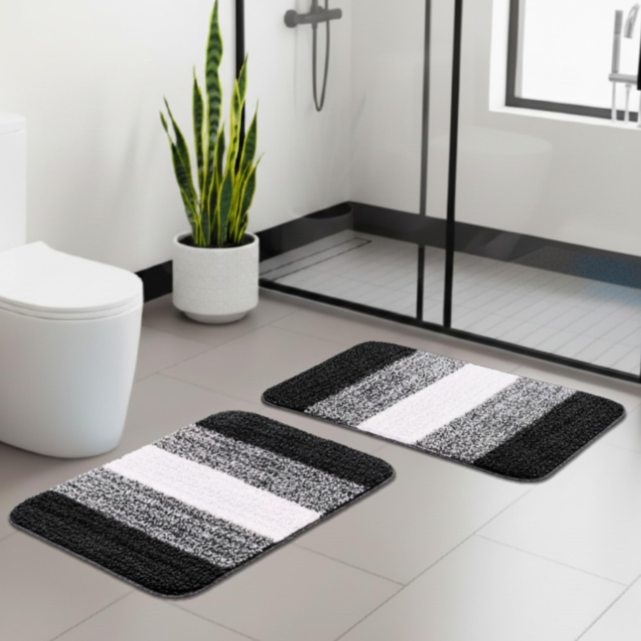 SARAL HOME EASY LIVING Microfiber Striped Rectangle Shaped Anti-Skid Bath Mats | Soft & Super Absorbent Mats for Shower | Washable, Non-Slip & Quick-Drying Mats, 35x50 CM | Pack of 2 (Black)