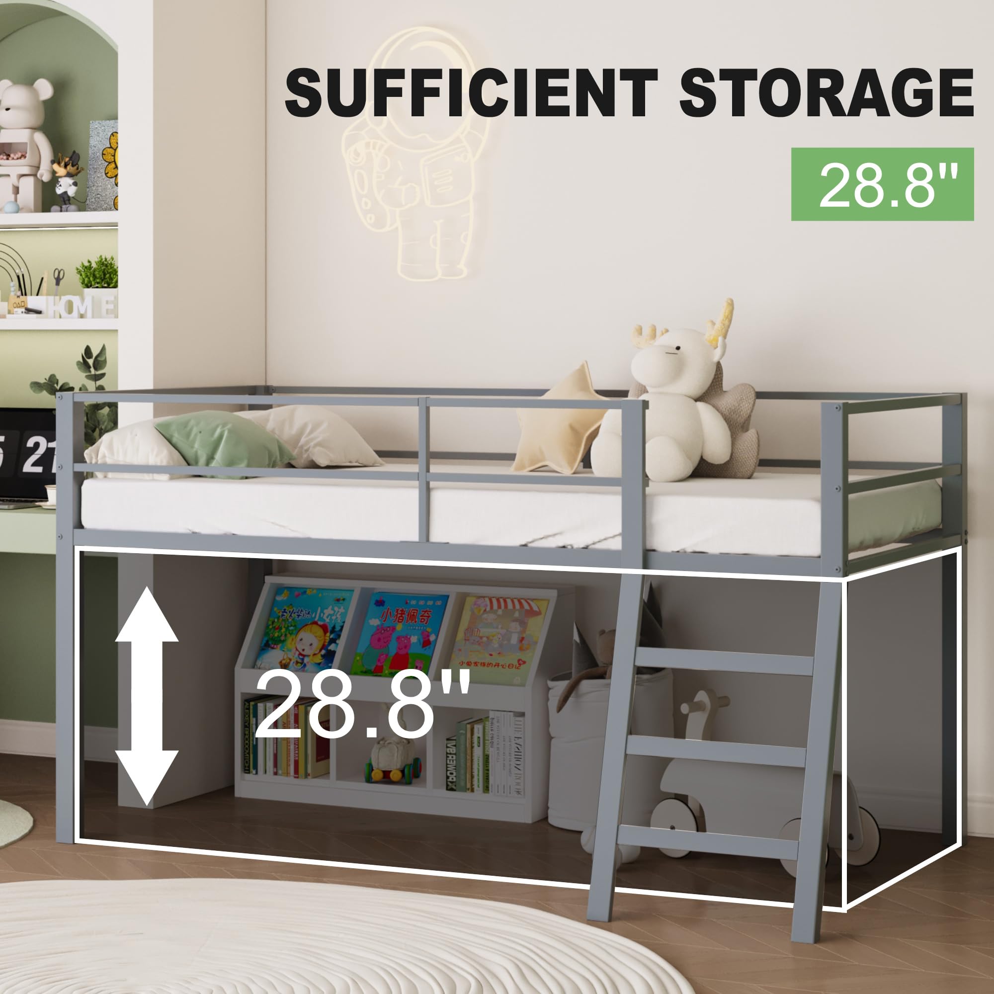 Cama tipo loft de metal bajo con escalera y barandilla para niños o adolescentes, cama tipo loft que ahorra espacio, tamaño individual para dormitorio pequeño, color gris 2
