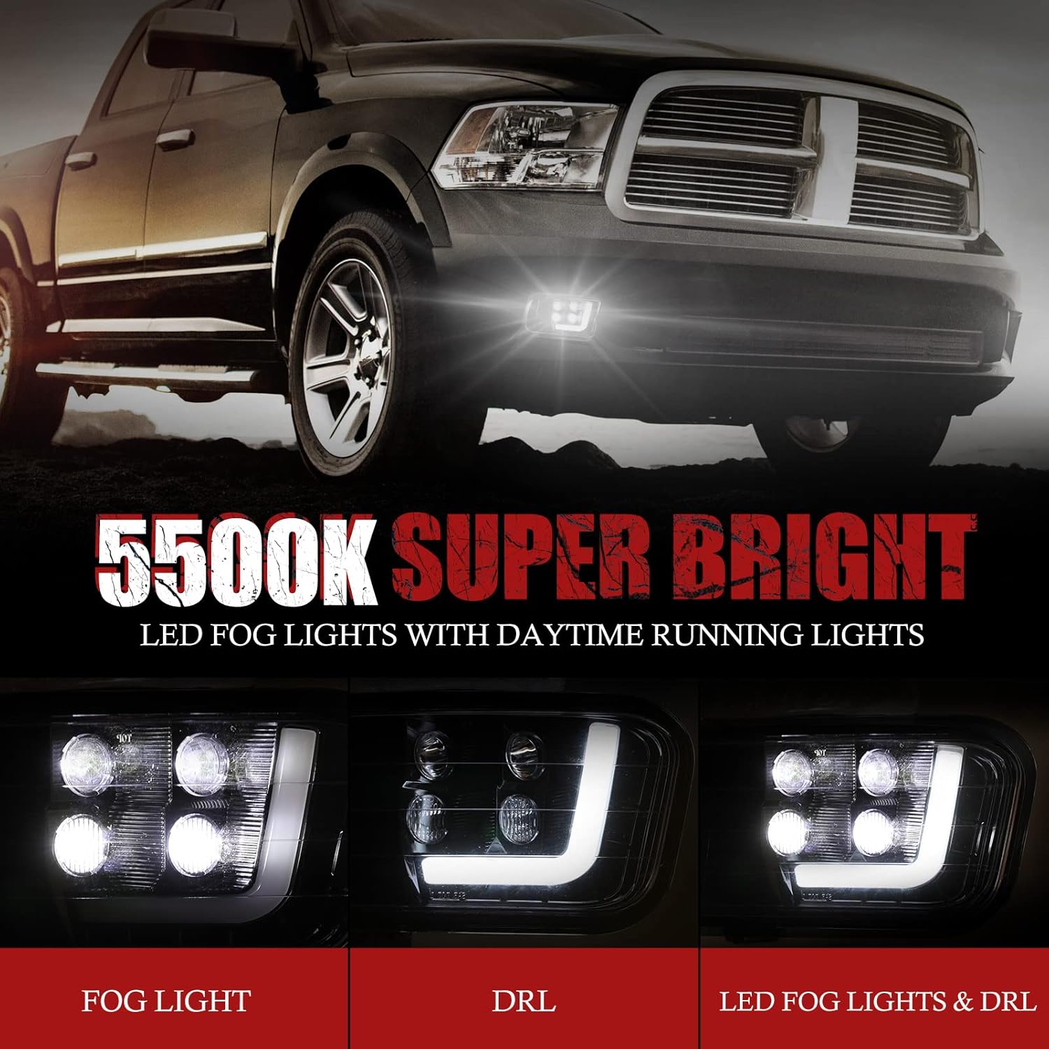 BUNKER INDUST Dodge Ram LED Fog Light with Daytime Running Light Set,Pair Spot Flood Driving Fog Lamps L-type DRL Replacement for Ram 2009-2012 1500,2010-2014 2500, 2010-2012 3500