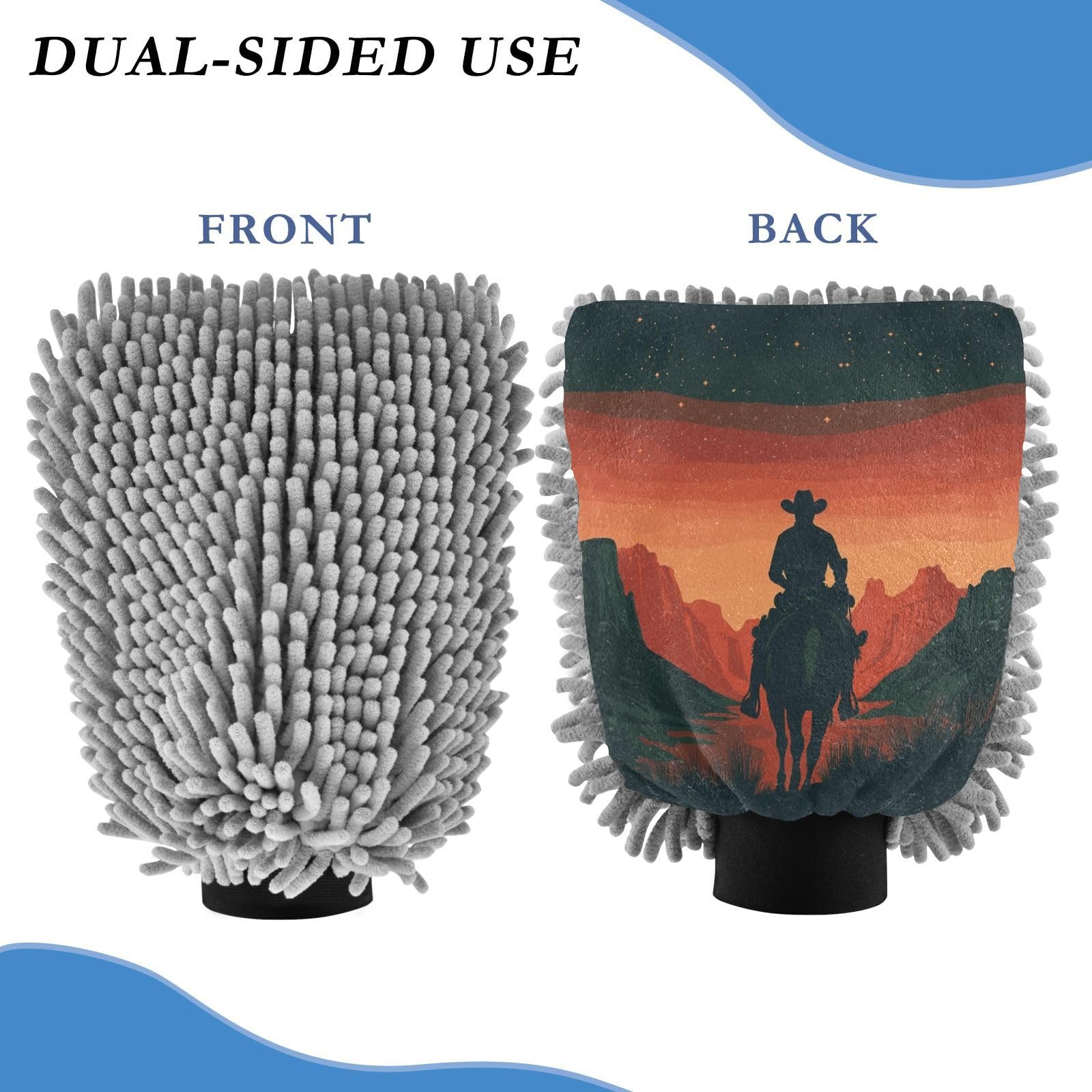 Flradish 2 Pack Western Cowboy Car Wash Mitt Chenille Microfiber Lint-Free Scratch Free Ultra-Soft Absorbent Car Wash Mitt 10.2x7.09 Inch