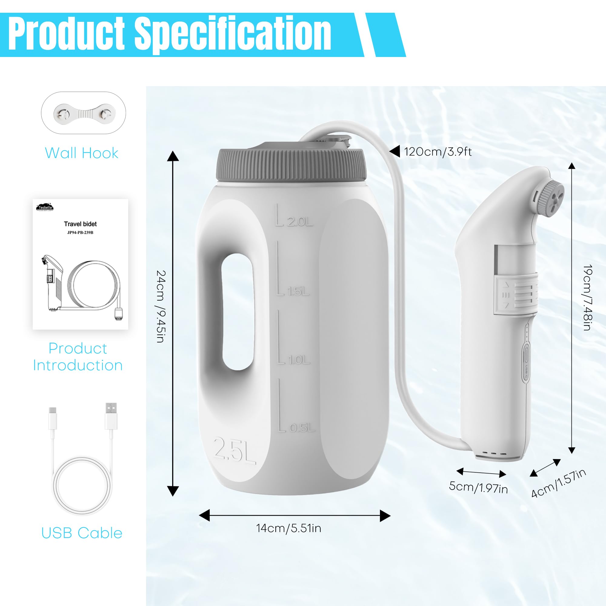 Pulvérisateur de Bidet Portable pour Salle de Bain, Bidet Portable Électrique de Voyage, Hygiene des Parties Intimes avec Réservoir 2,5 L pour Voiture, Salle de Bain, Toilette, Camping, Noir