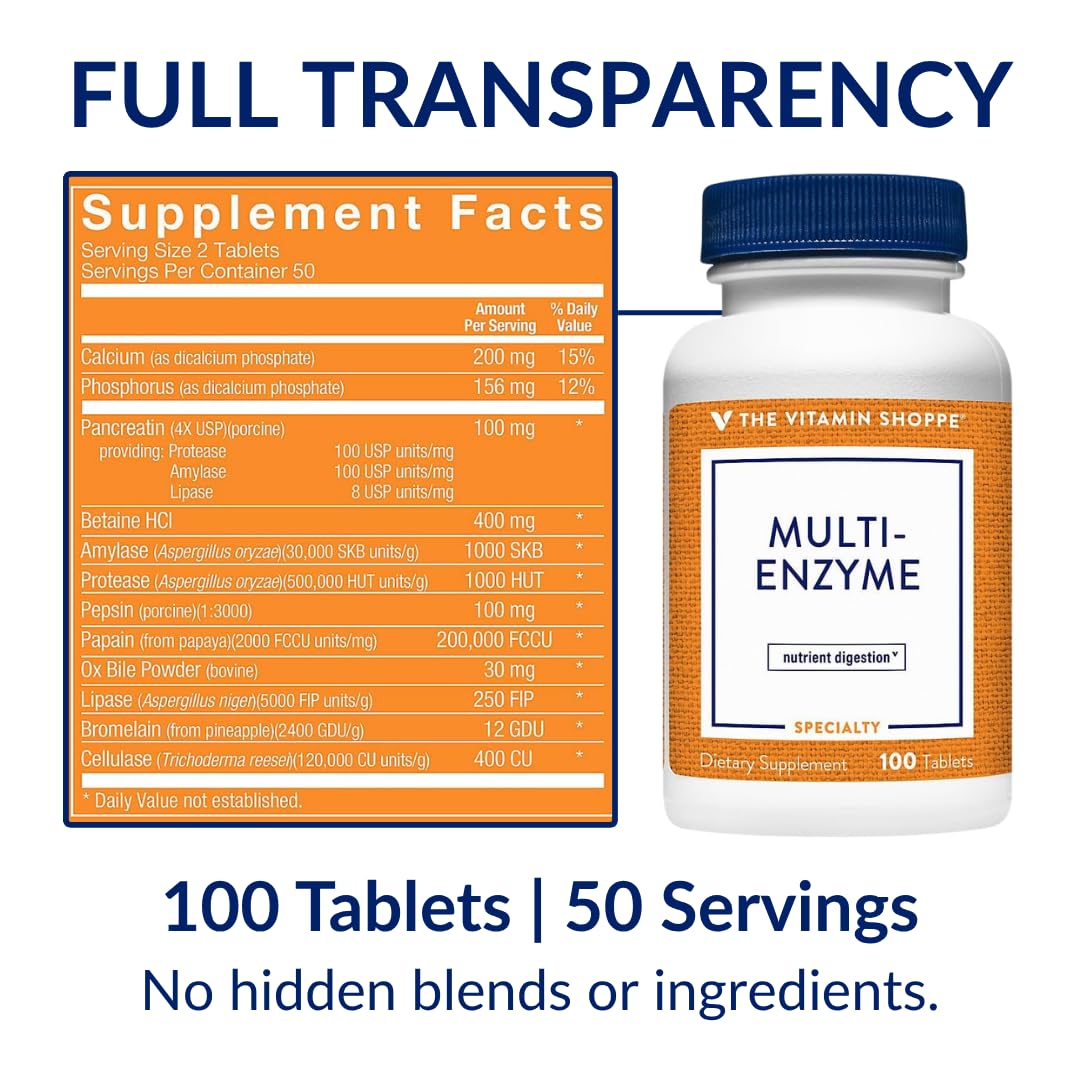 The Vitamin Shoppe Digestive Enzymes - Complete Multi-Enzyme Formula | Protein Fat Carb Digestion | 100 Tablets | Plant-Based — Amazon image 8