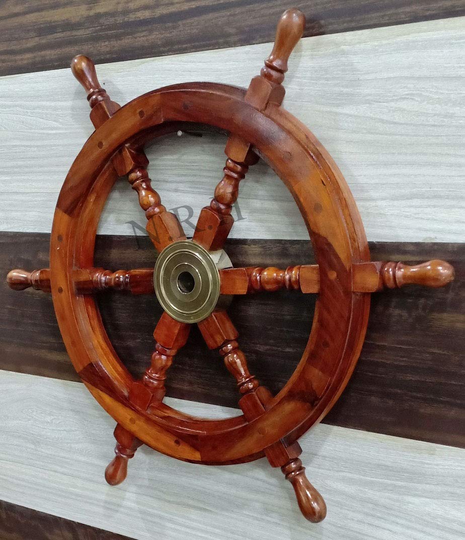 Nautical Vintage Home Decorative Wooden Ship Wheel, Brass & Brown, 45.7L x 30.5W cm - Image 3