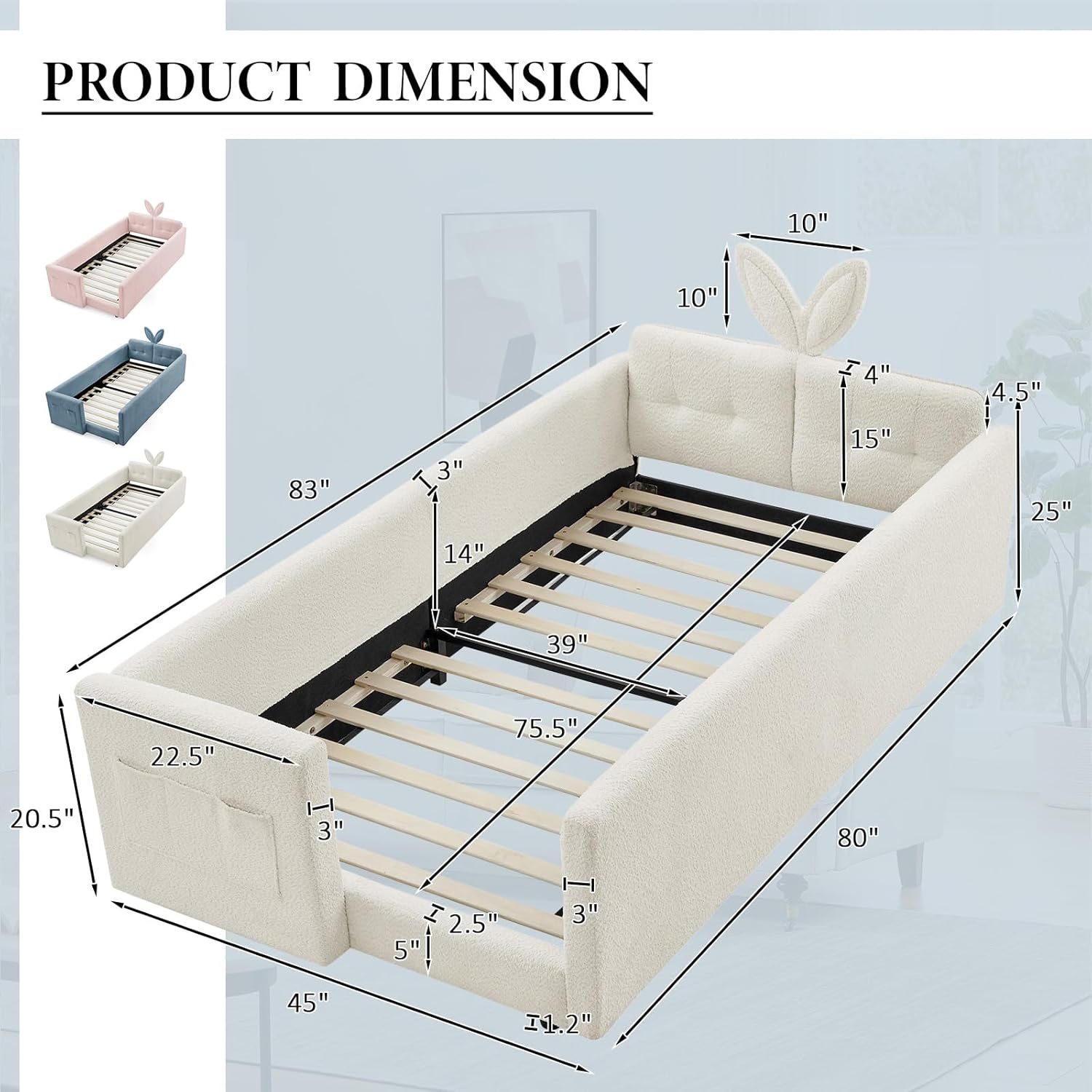 Twin Size Bed Frame for Kids, Upholstered Daybed Frame Floor Bed with Safety Rails and Storage Pocket Cute Rabbit Ear Shaped Headboard for Kids Teens Boys Girls, Beige