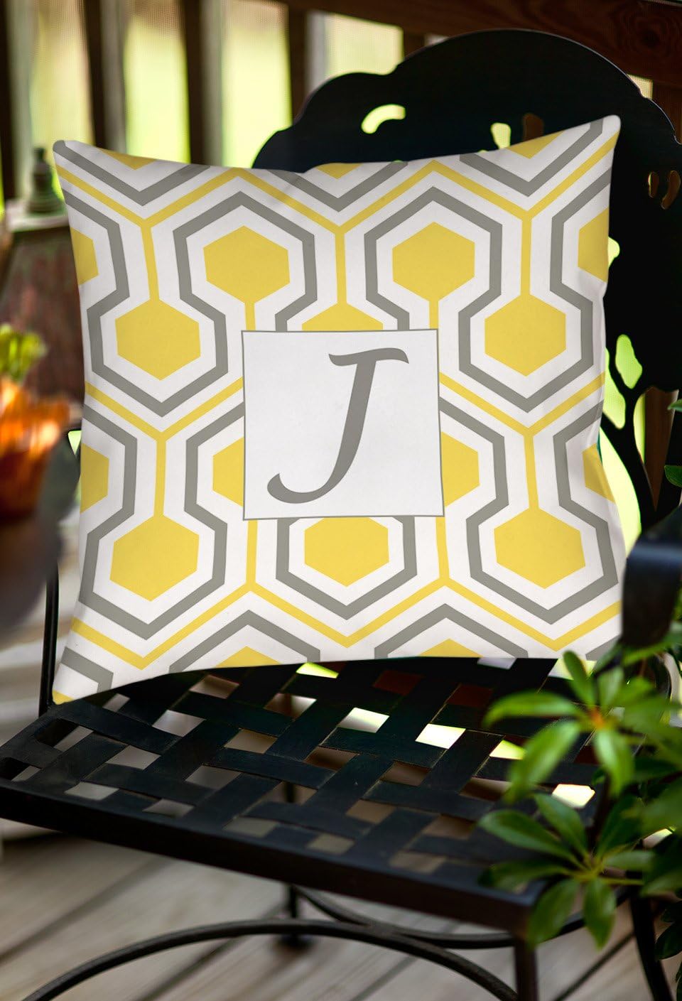 Manual Woodworkers & Weavers Square Indoor/Outdoor Pillow, 20-Inch, Monogrammed Letter J, Yellow Honeycomb