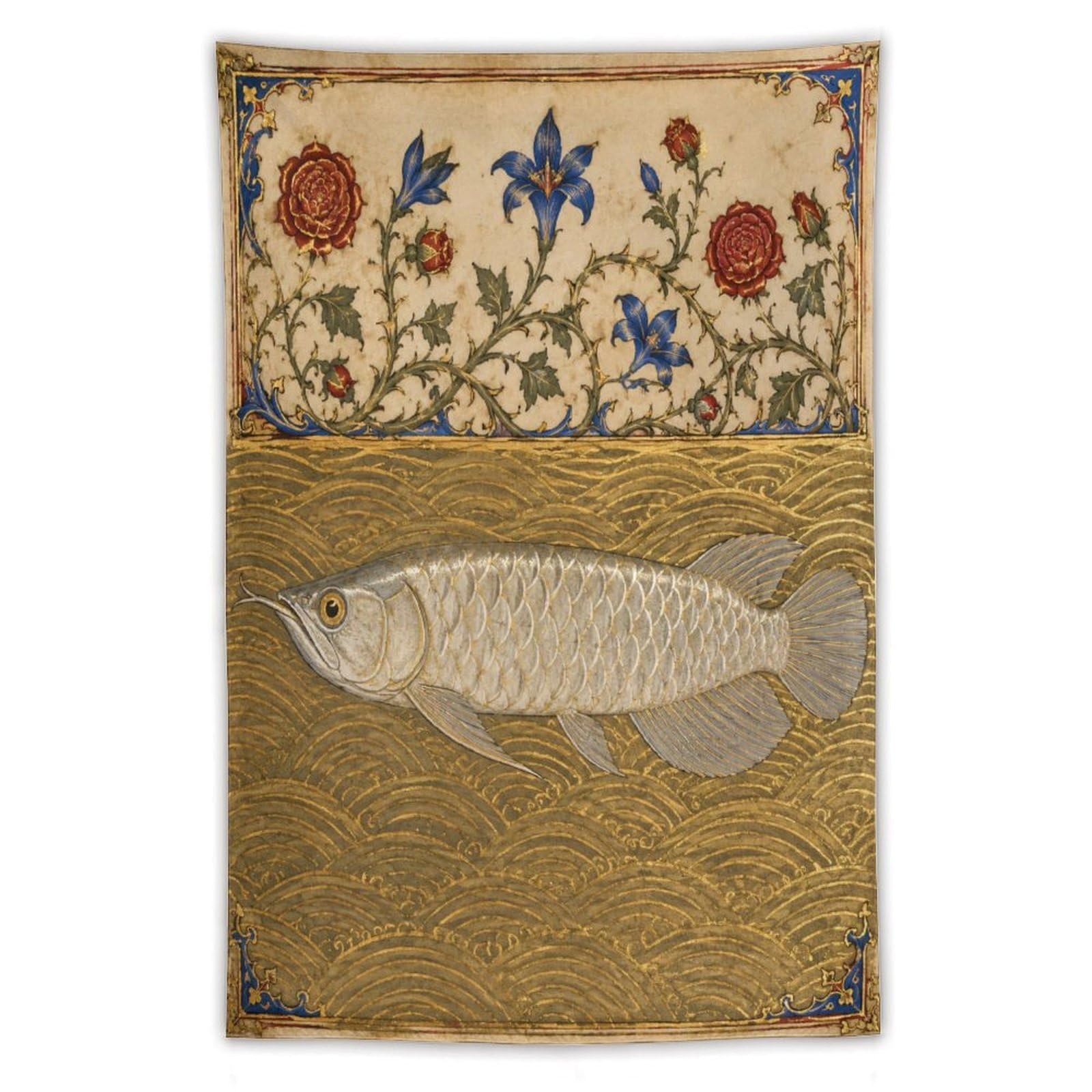 W7C8U2X3 Silver Arowana Wall Tapestry, Realistic Illustration Style, Office