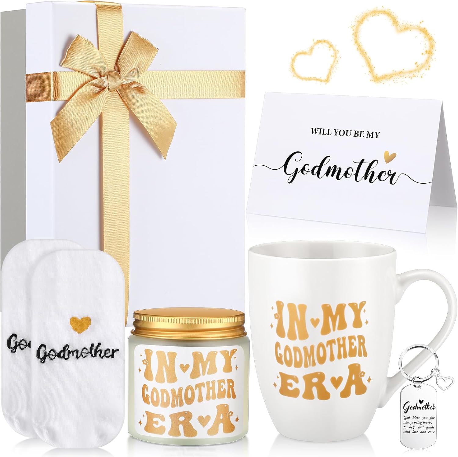 Reallnaive 6 Pcs Godmother Proposal Gift Will You Be My Godmother Gift Box Set for God Mother Auntie Includes Mug Scented Candle Socks Keychains Cards Box from Godchild Baptism Mother's Day (Elegant)