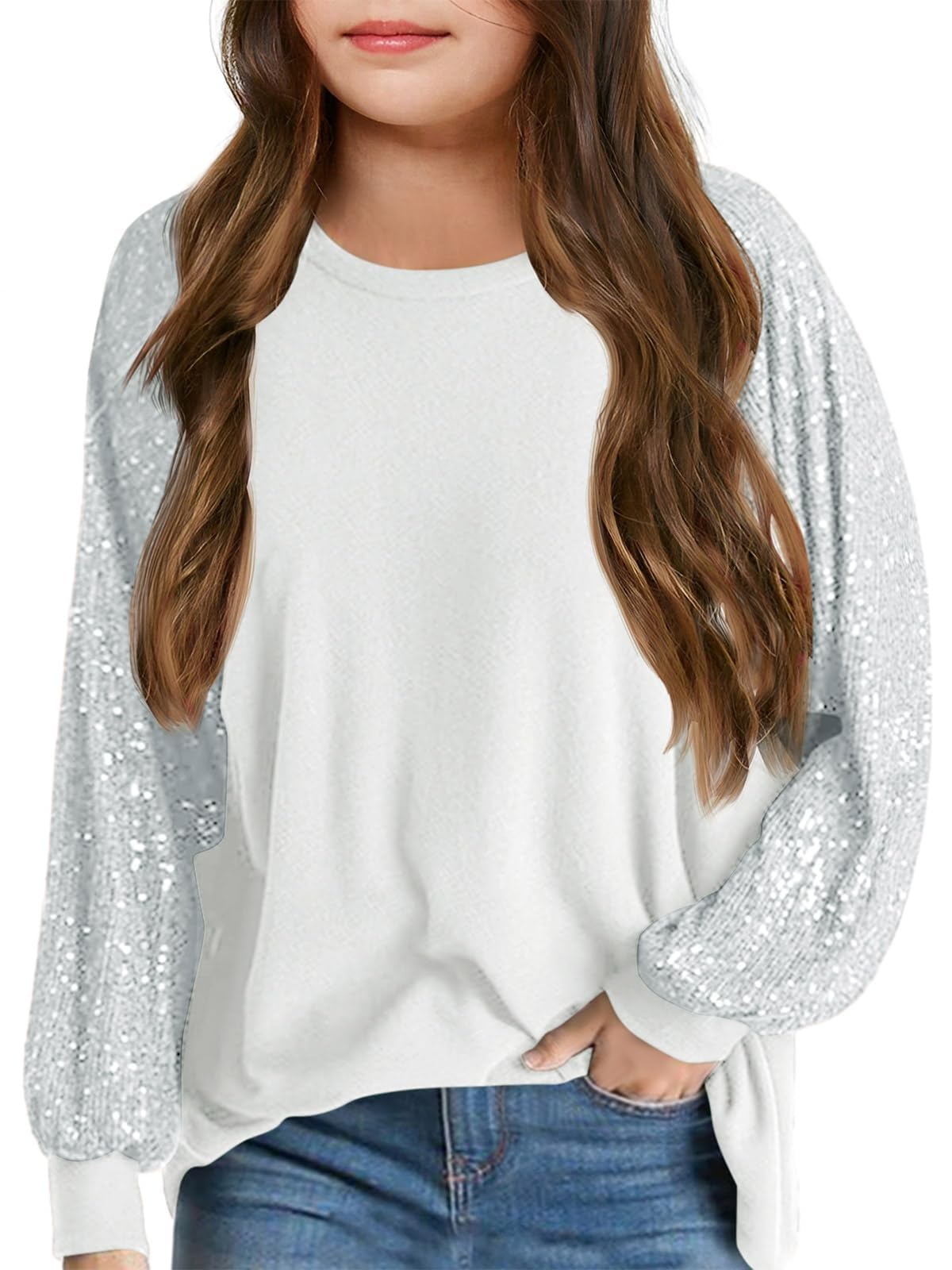 Haloumoning Sudadera de lentejuelas para niña, manga larga, ligera, deportiva, ropa deportiva a la moda, cuello redondo, manga larga, camiseta de manga larga
