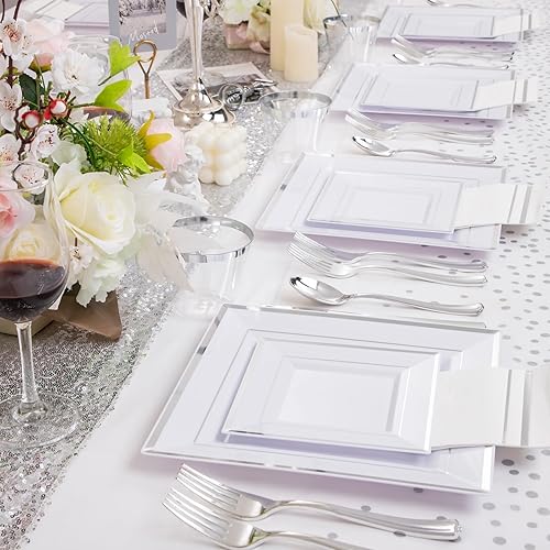 Miniatura 7 de 176 platos de plástico plateado  Platos cuadrados de fiesta, tazas y servilletas platos llanos, platos de postre, tazas, cubiertos, servilletas, 1