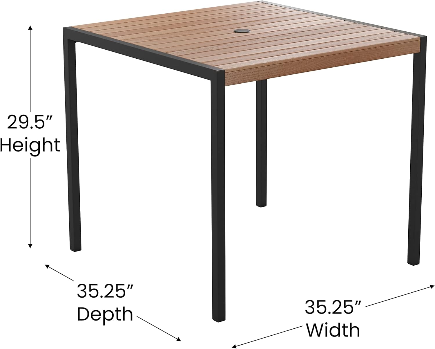 Square Black Steel Frame Dining Table with Faux Teak Top