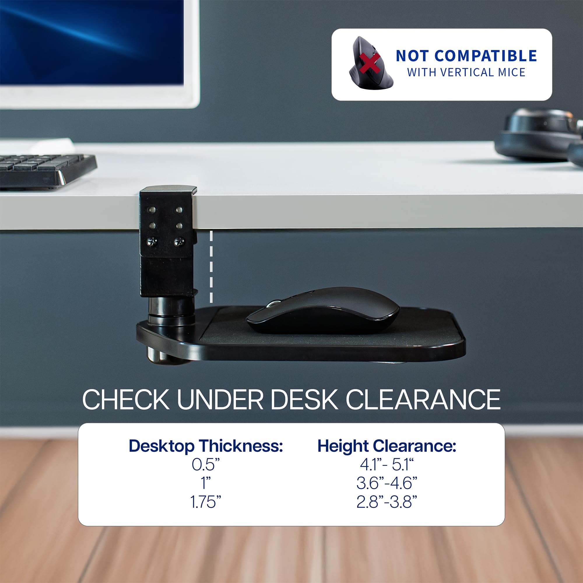 VIVO Soporte para Alfombrilla de Mouse con Abrazadera, Ajustable Debajo del Escritorio, Bandeja giratoria de 360°, Accesorio de extensión, Escritorio de hasta 2 Pulgadas, Negro, MOUNT-MS01A